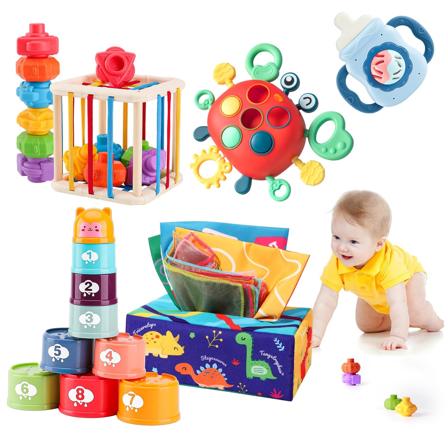 YOOYID 5 in 1 Baby Toys 6 to 12 to 18 Months, Montessori Toy for Babies 6-12 Months, Gifts for 1 Year Old, Sensory Toys for Babies, Baby Tissue Box, Stacking Cups, Shape Sorter Cube