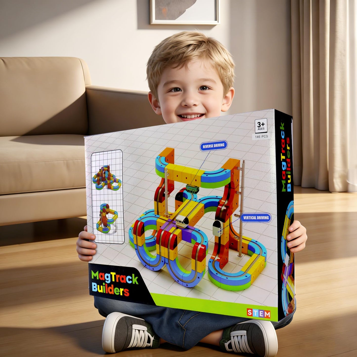 Electric Train Set for Kids Toddlers 3-5,Magnetic Track&Rechargeable Car,Gravity-Defying 3D Embedded Layouts DIY Flexible Race Track Assembly,STEM Educationa Learning Gift
