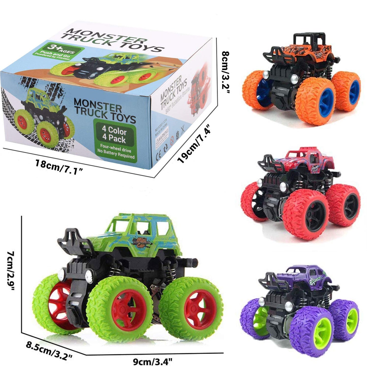 Lonandy Monster Truck Toys for Boys - Push and Go Inertia Stunt Car Toys for Toddlers Kids Age 3-8, Friction Powered Toy Cars Best Christmas Birthday Party Gift for Boys Girls 4 Pack