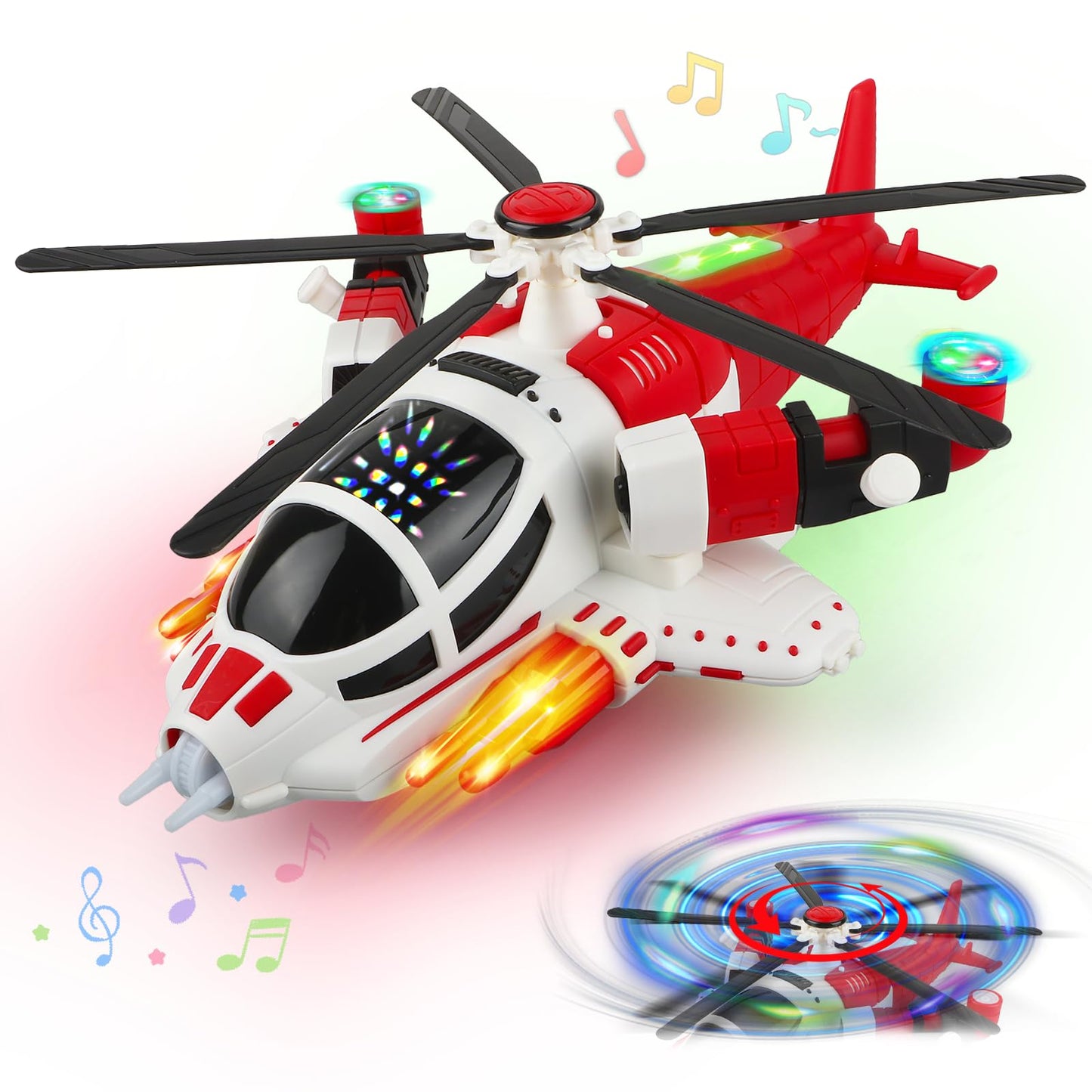 victob Helicopter Toy for Toddlers with Lights and Music, 360° Rotating Airplane Toy for Kids, Bump-and-Go Action, Birthday Gift for Boys Girls Ages 3-7 (Red)