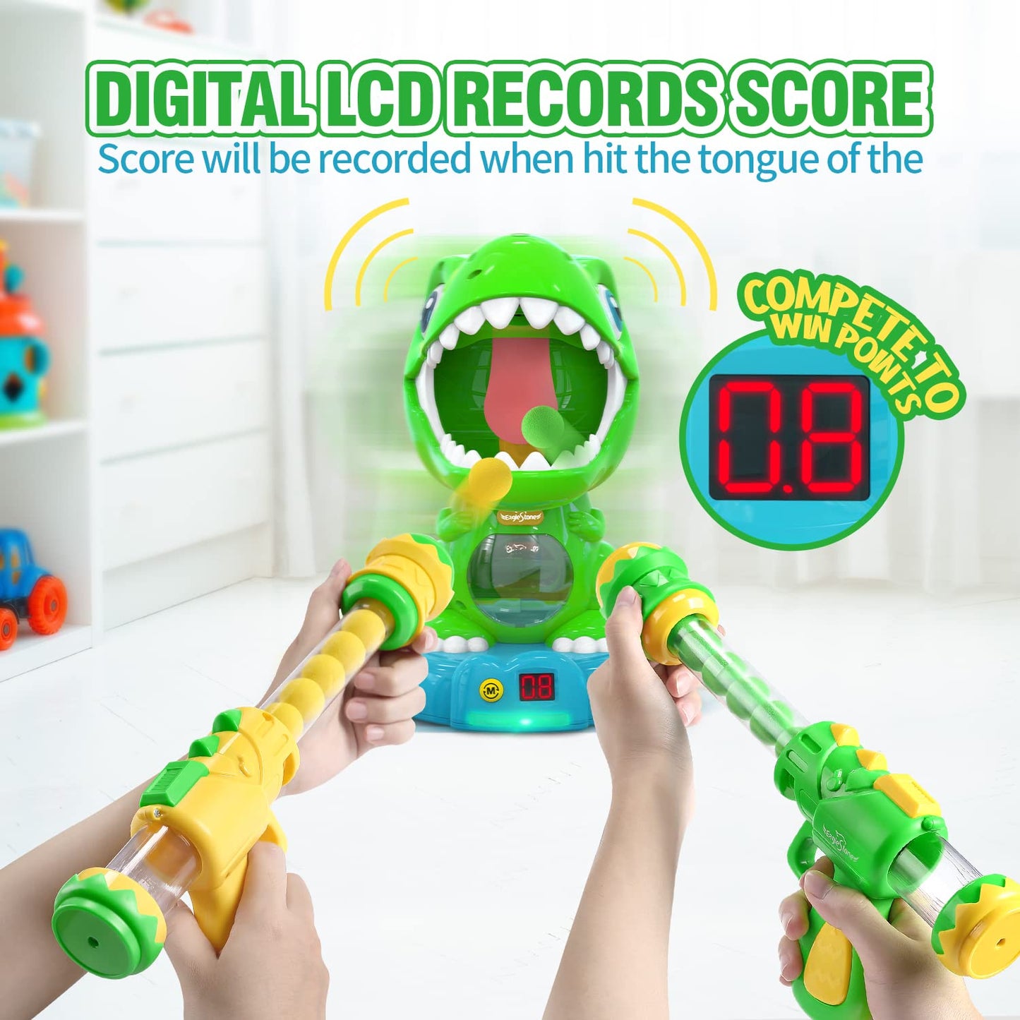 EagleStone Movable Dinosaur Shooting Toys for Kids 5-7 with Spraying, Electronic Target Game Toy with 2 Pump Guns, 48 Foam Balls, Party Favor Christmas Toys with Score Record, Sound
