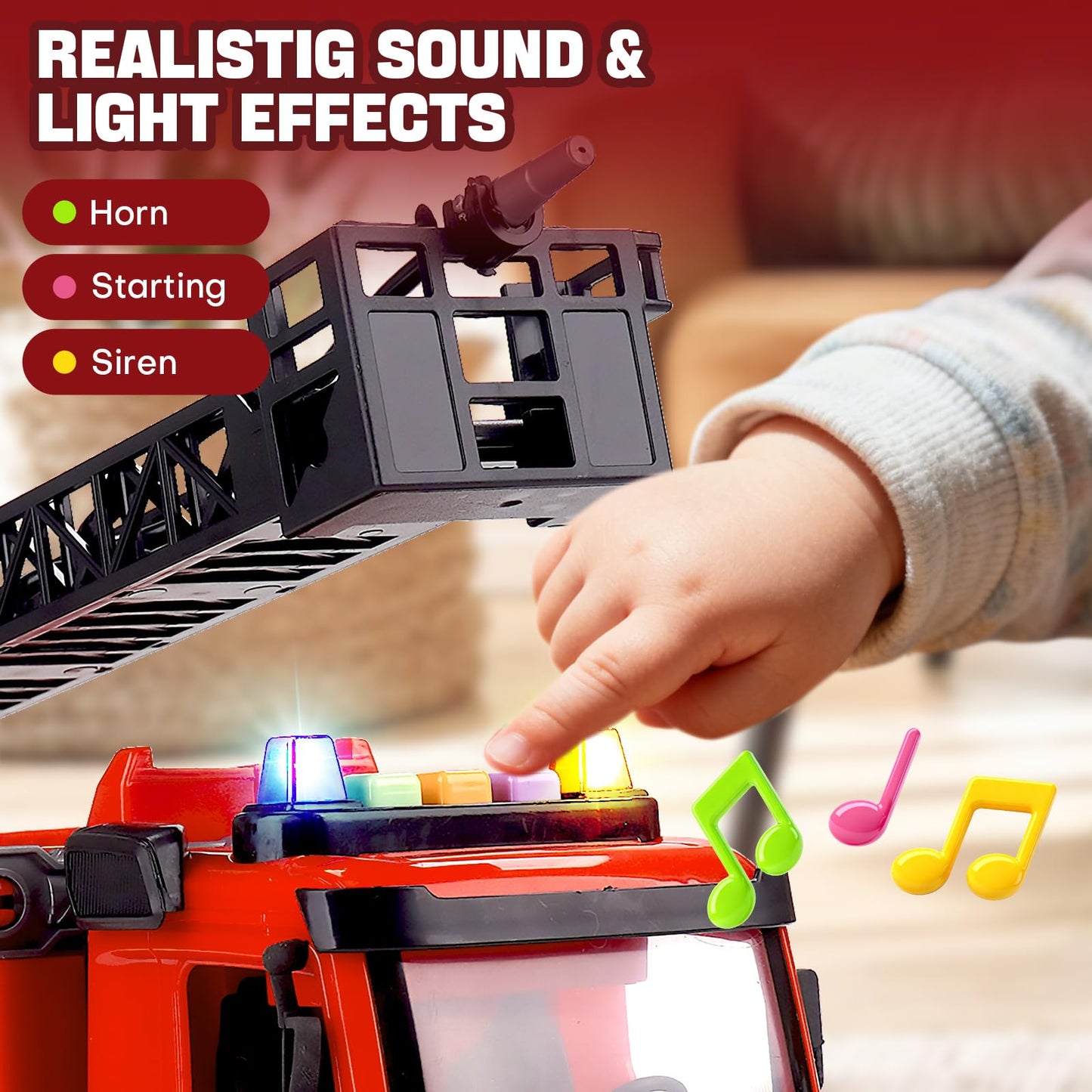 LESSETI Fire Truck Toy with Water-Spraying, Lights & Sirens for Kids, Includes Large Parking Garage, 4 Mini Vehicles, Launching Tracks, Action Figures & Traffic Signs