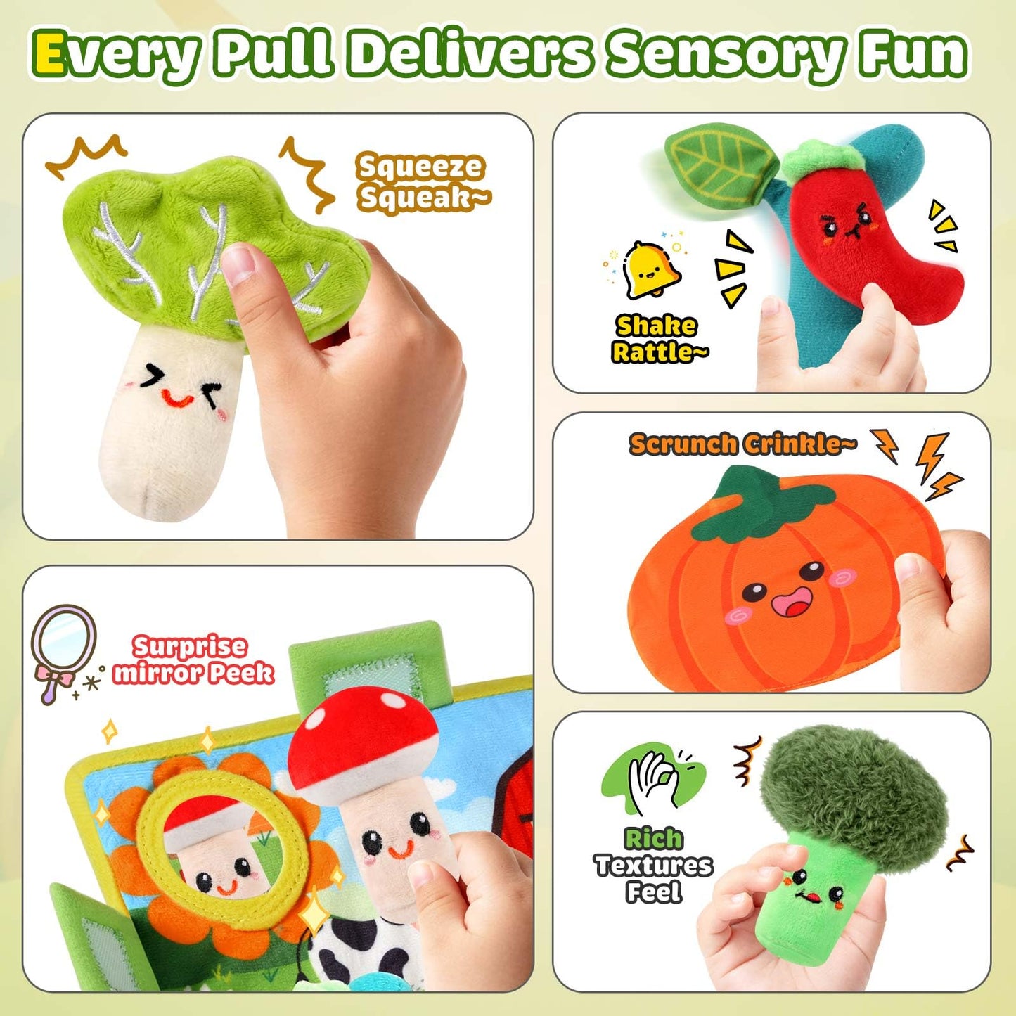 FREYBLI Baby Toys 6-12 Months - Soft Fruits Vegetable Garden Plant Plush Toy - 6 Month Old Baby Toys Boy Girl Gifts - Baby Sensory Montessori Toys with Rattles Mirror Squeaker Textures Crinkle Tissues
