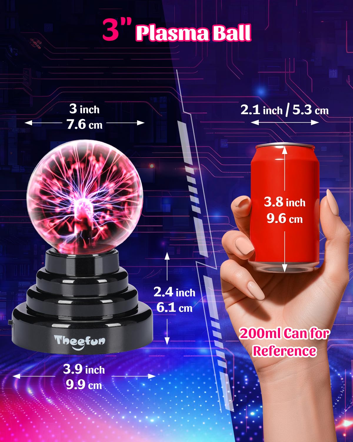 Theefun Plasma Ball, 3 Inch Plasma Lamp, Touch Sensitive Plasma Globe USB or Battery Powered Nebula Thunder Lightning, Novelty Toy for Kids, Parties, Prop, Bedroom, Home, Decoration