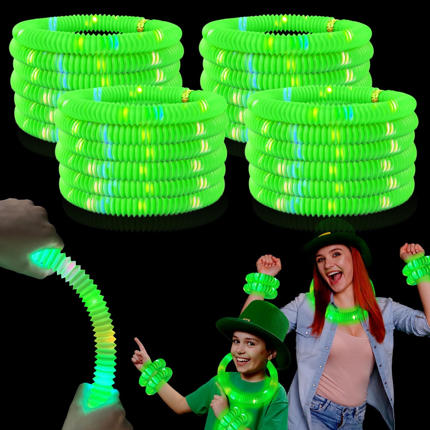 Kannove 12-24 PCS Green Glow Sticks Party Favors Supplies for Kids,4th of July LED Light up Pop Tubes for Toddlers,Neon Necklaces Bracelets Accessories,Glow Birthday Dance Camping Party Decorations