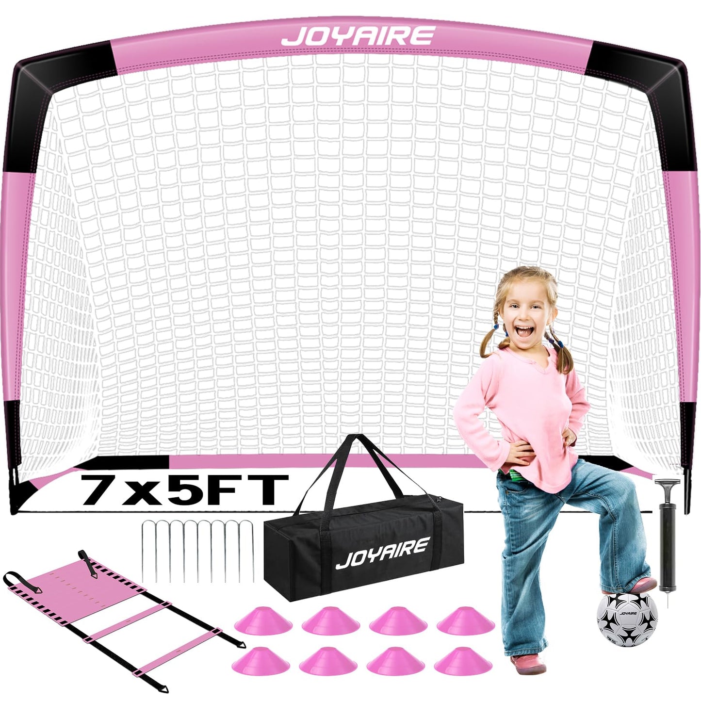 JOYAIRE Soccer Goals for Backyard Set, Portable Toddler Kids Soccer Goal 7' x 5', Pop Up Soccer Net Soccer Training Equipment with Size 4 Soccer Ball, Carry Bag, Games, Sports, Outdoor Play, Youth