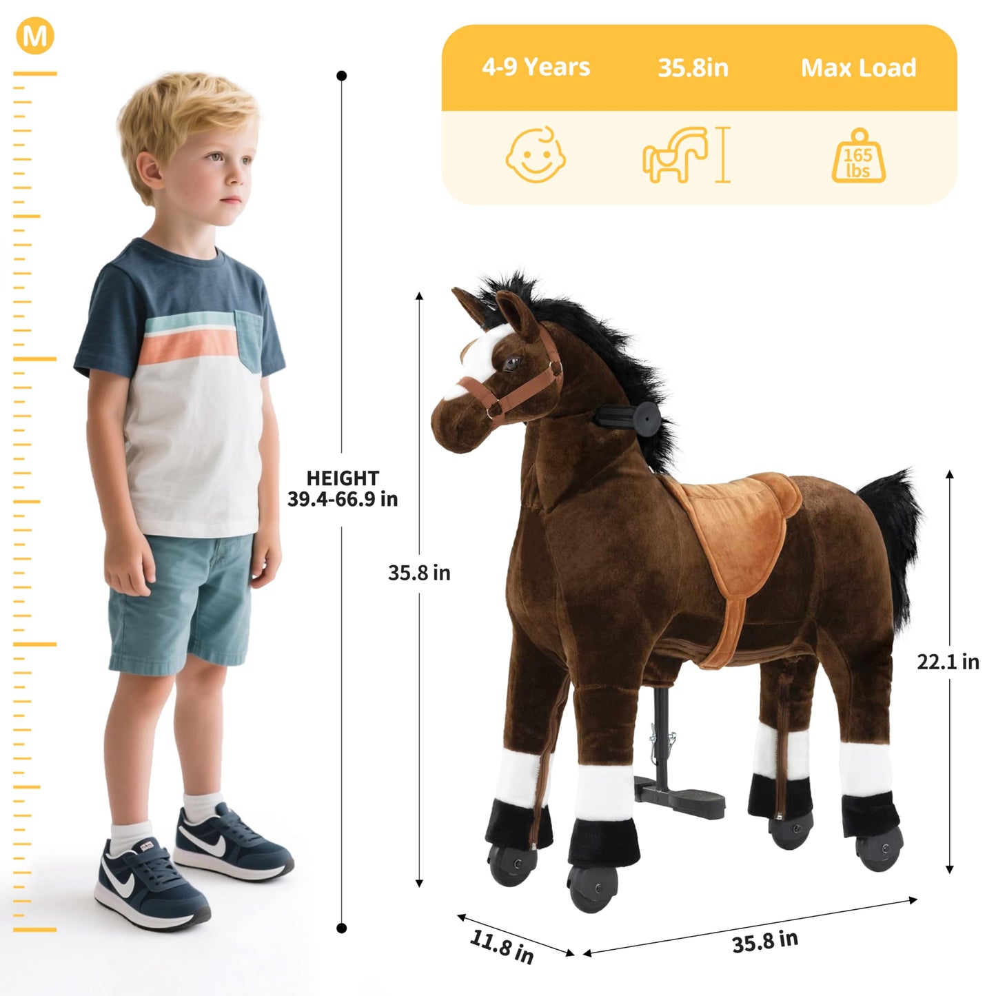 Ride on Horse for Big Kids, Horse Ride on Toy for 4 to 9 Years Old, (35.8'' Height) Riding Horse Rider Mechanical Walking Action Plush Animal, No Battery or Electricity, Max Load 165LBS - Brown