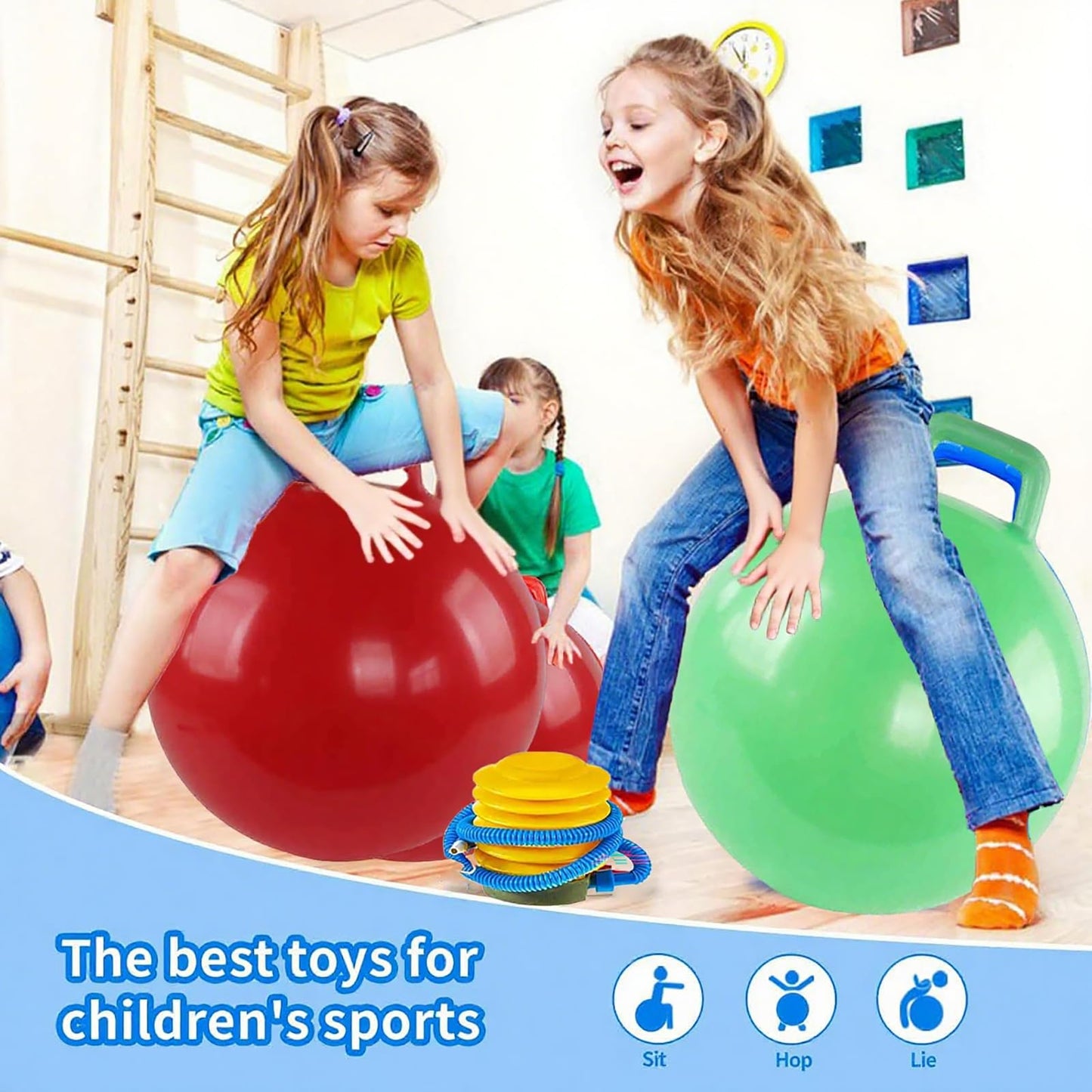 3P Bouncy Balls with Handle, 18in/45cm Sit And Spin Hopper Ball for Kids,Inflatable Jumping Ball Toy with Pump,Indoor Outdoor Fun Toys for Kids Ages 3-8,Great Gift for Birthday (Bouncy Ball-45cm)