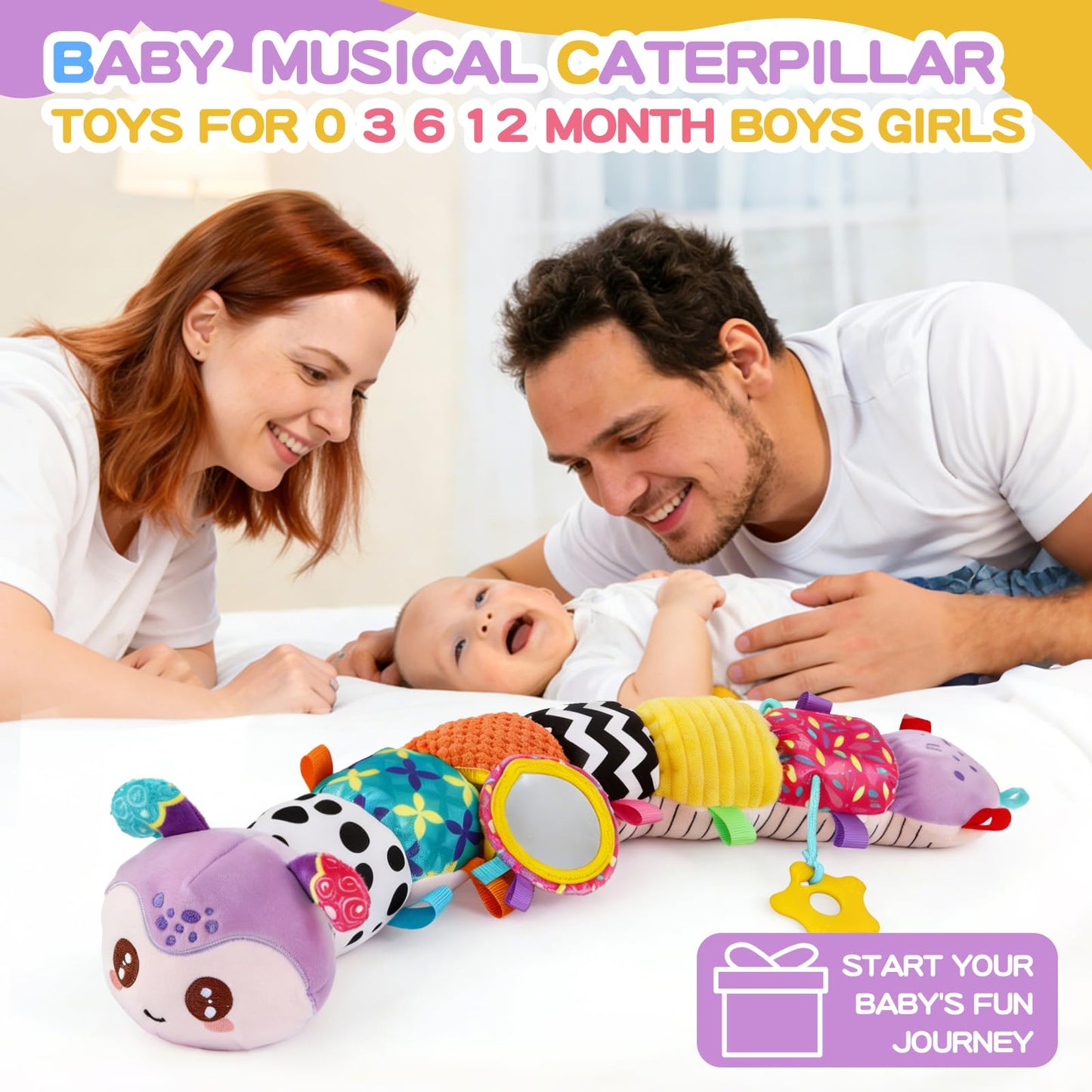 Baby Toys 0-6 Months, Musical Toys for Purple Caterpillar, Infant Stuffed Animal Soft Sensory Toys with Crinkle、 Rattles and Textures, Tummy Time Toys for Newborn Boys Girls 0 3 6 12 Months