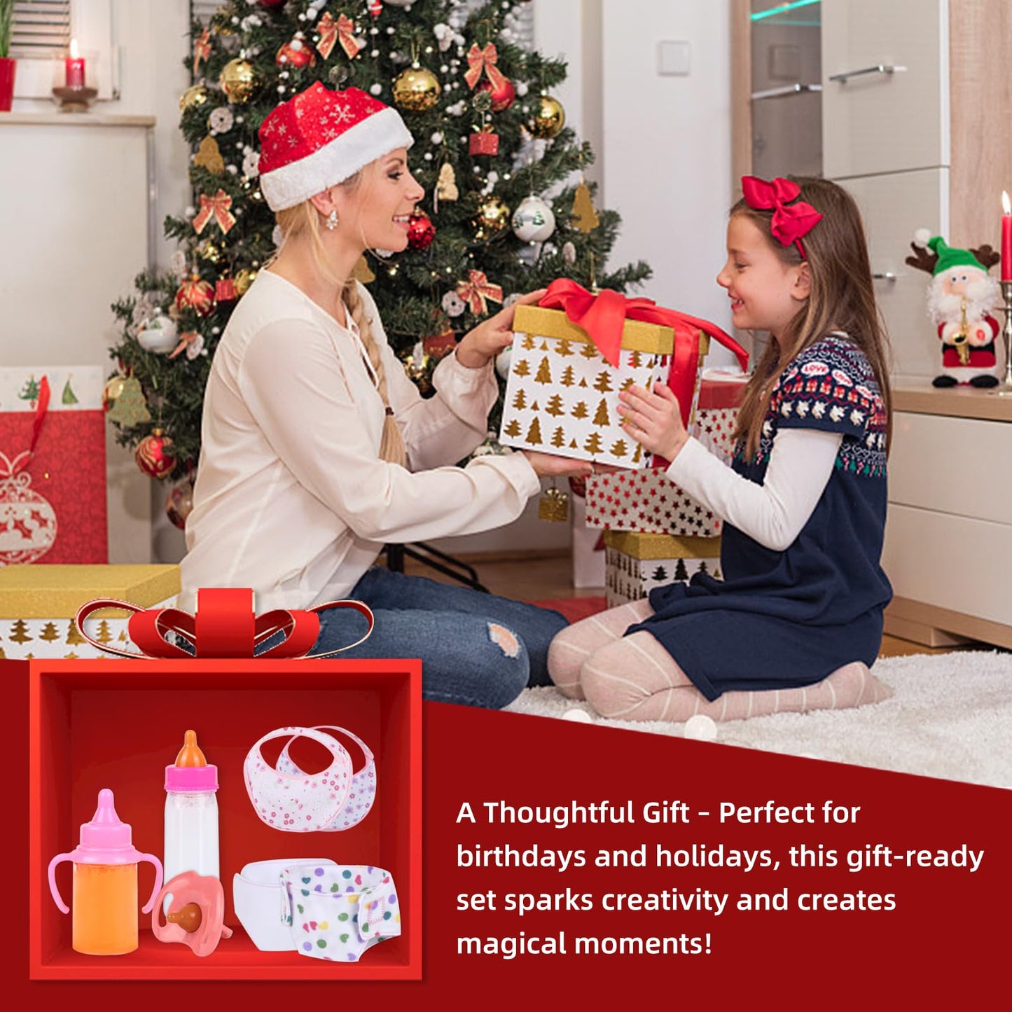 CARANOVO Baby Doll Accessories Set – 7 Pcs Feeding and Caring Set with Magic Disappearing Bottles, Pacifier, Diapers and Bibs Doll Pretend Play Gift for Kids