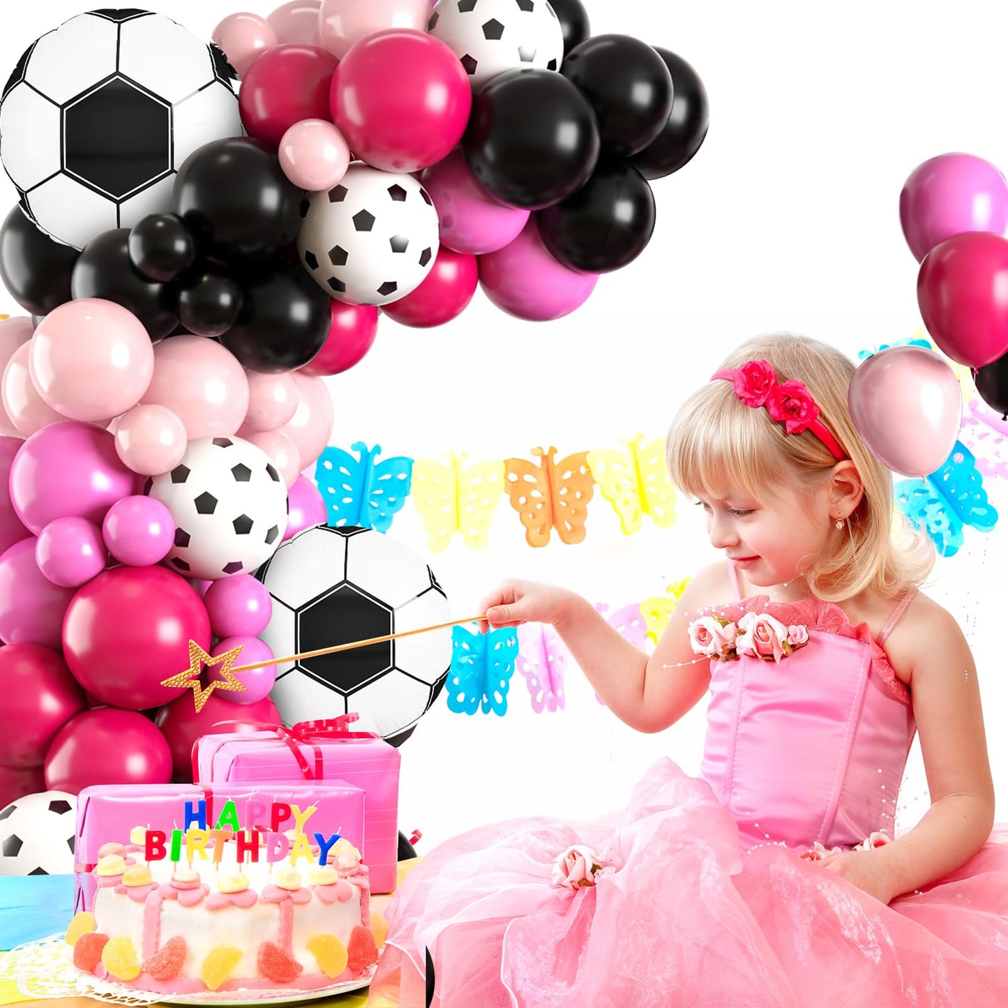 Soccer Party Balloon Garland Arch Kit, Black Hot Pink Decorations With Foil Balloon for Women Girls Kids Birthday Sports Theme, Football Party Decor Supplies