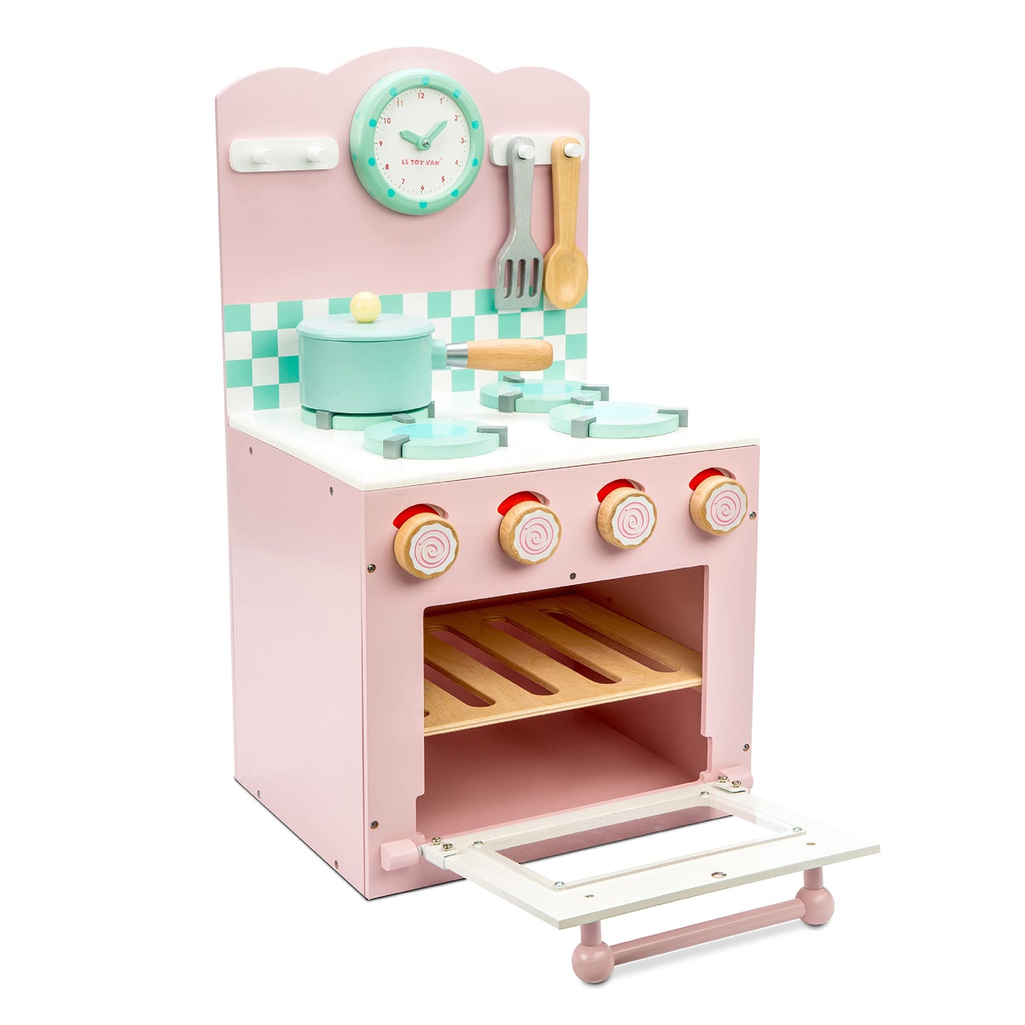 Le Toy Van - Colorful Wooden Honeybake Oven & Hob Pink Set | Wood Pretend Play Kitchen Toy Set | Girls and Boys Role Play Toy Kitchen Accessories