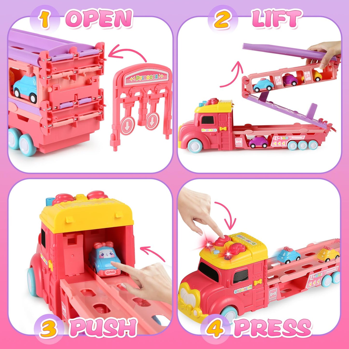 aruemp 12 in 1 Princess Carrier Truck with Girls Car Toys, 2-Player Race Mode Friction Power Toy Cars with Light & Music for 3 Year Old Girls Birthday Gifts