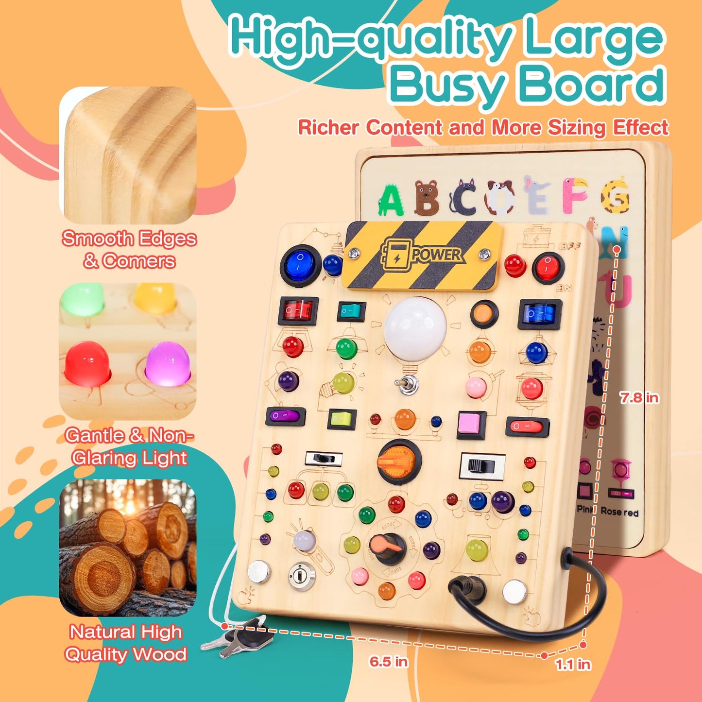 RichBoy Montessori Toy Busy Board with 40 LED Lights, 59-in-1 Sensory Toys for Toddlers, Travel Educational Activity for Airplane, Ideal Christmas Birthday Gift for Boys & Girls (7.8" x 6.5")