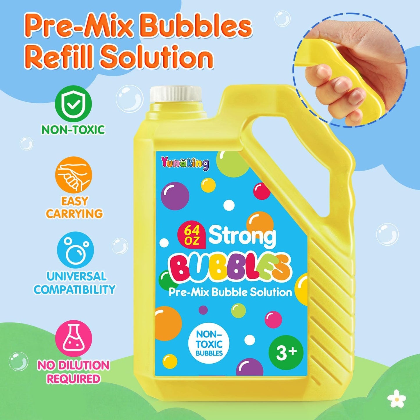 64 OZ Bubble Solution Refill Pre-Mix: Non-Toxic Bubbles for Kids Refills for Bubble Machine, Wands, Blowers, No Mixing Needed Leak-Proof Bottle Solution for Bubbles Toys Parties Outdoor Events Easter