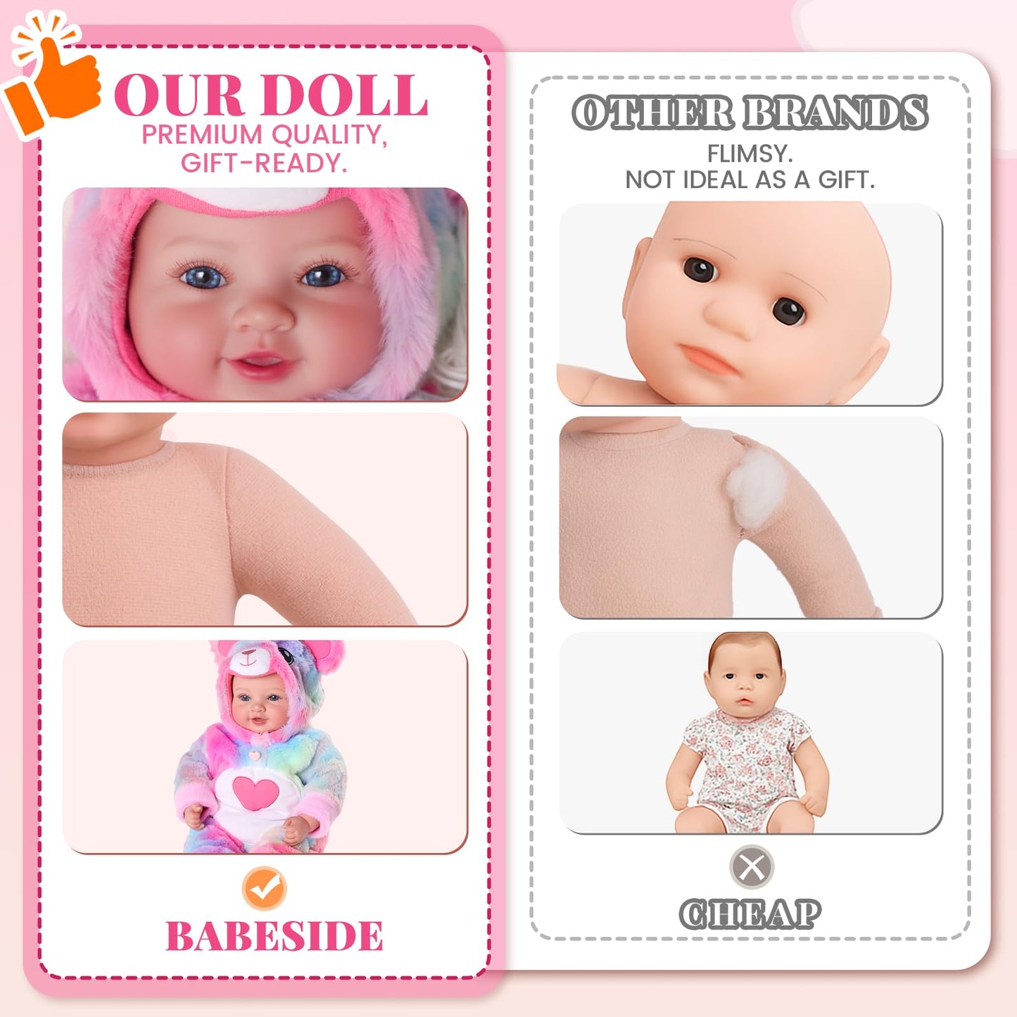 BABESIDE Baby Doll Girl - 17-Inch Soft Body Realistic Baby Doll with Rainbow Bear Outfit Lightweight Real Life Baby Dolls for 3+ 4 5 6 7 8 9 Years Girl Birthday Gifts, Pretend Play and Christmas