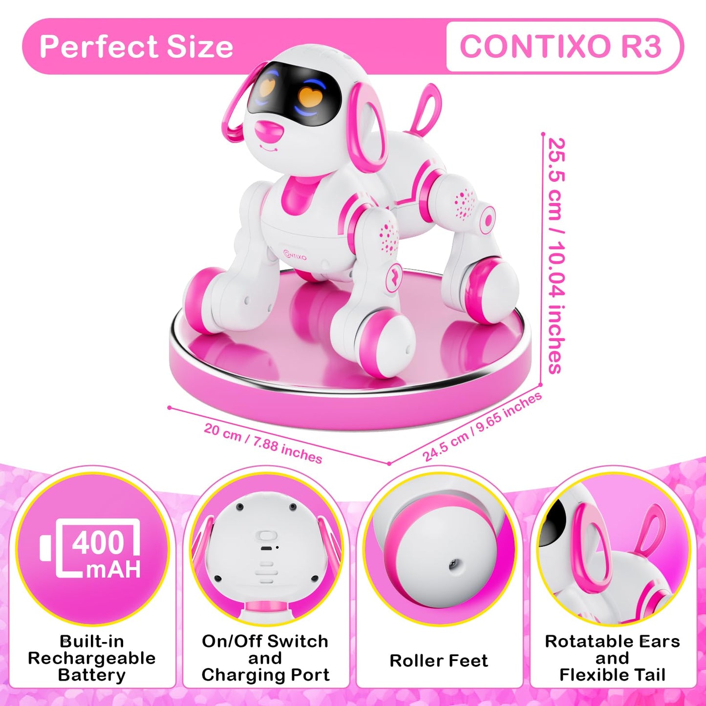 Contixo R3 Robot Dog Toy for Kids - Interactive Remote Control Smart Dancing Robotic Pet for Boys & Girls Ages 3-12 - Pink