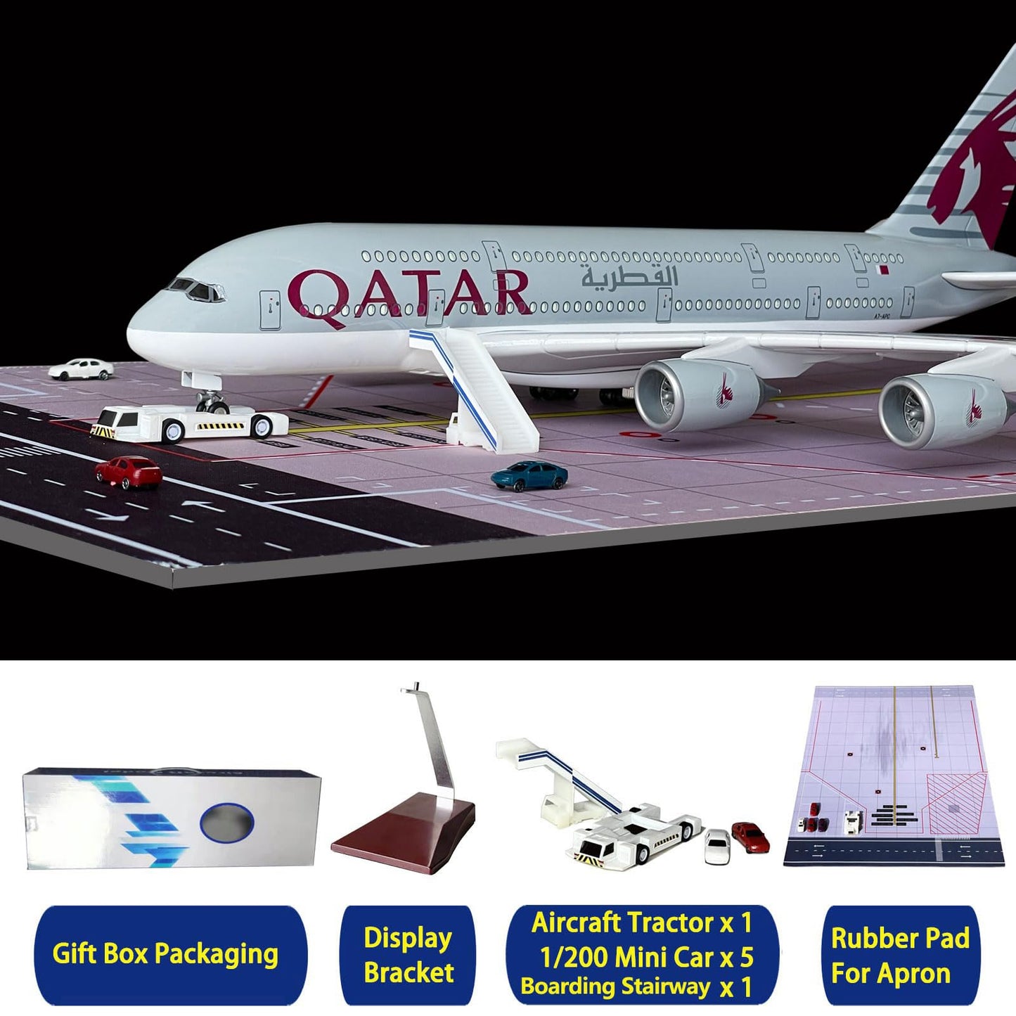 MACHASORS A380 Model Airplane 1/160 Scale A380 Model Plane with LED Lights and Airport Scene Accessories Ideal Display and Gift