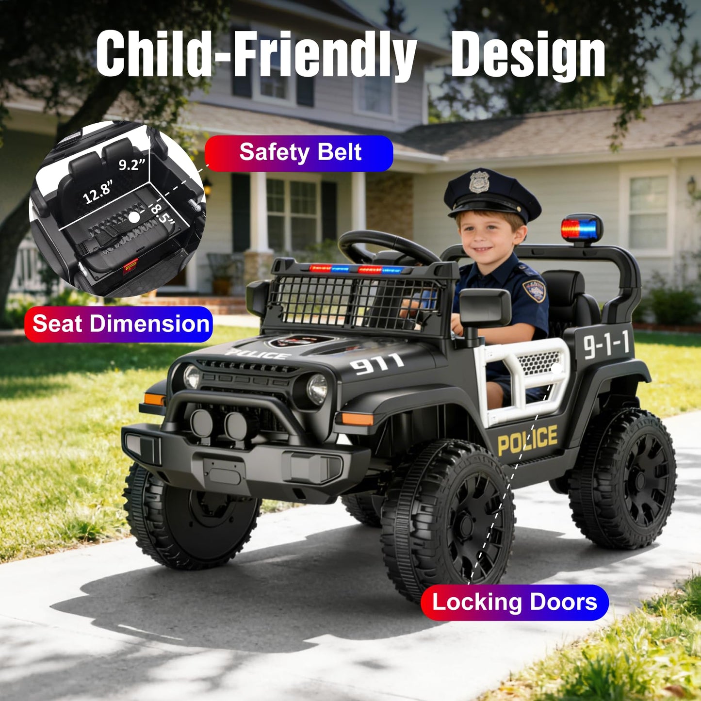 TRINEAR 12V Ride on Car with Parent Remote Control, Toddler Police Electric Car with Spring Suspension, LED Lights & Music Player - Safe Battery Toy for Kids, Christmas & Birthday Gift