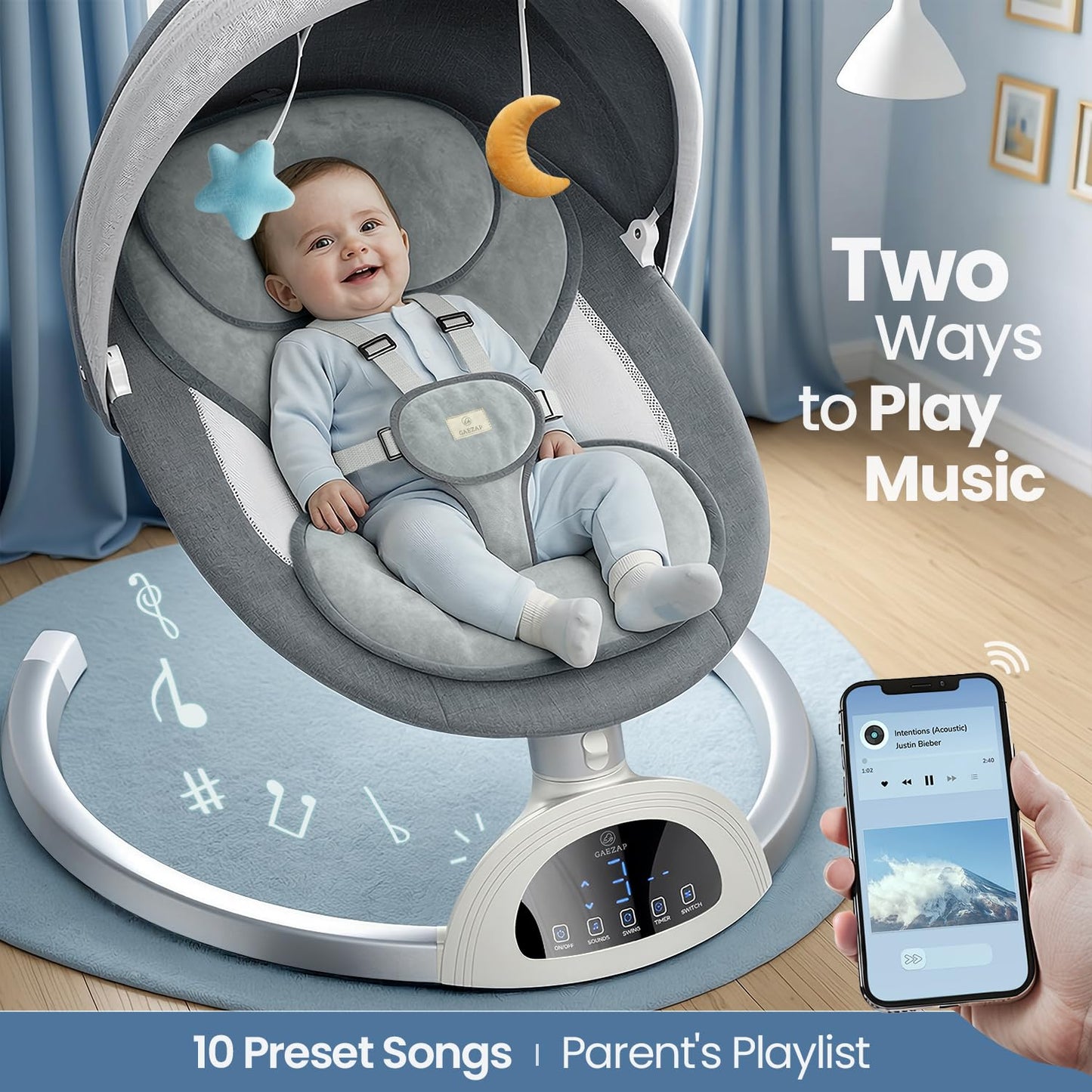 GAEZAP Electric Baby Swing for Infants, Portable Infant Swing with Music Speaker, 5 Swing Speeds, Remote Control, for Indoor Use, Newborn Boys & Girls, White
