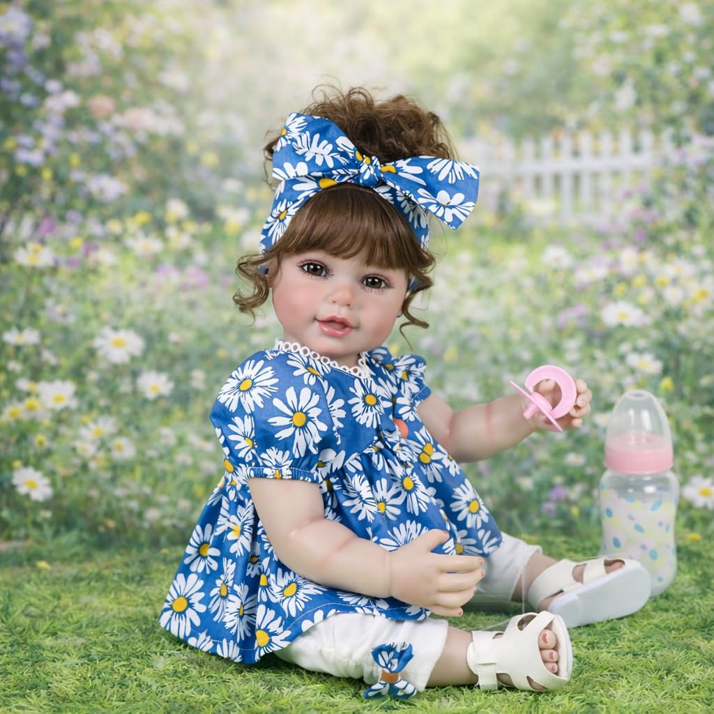 Sweet Daisy Dreams Reborn Toddler Doll – 22” Lifelike Poseable Doll with Rooted Brown Hair, Soft Full Vinyl Body & Daisy Outfit – Includes Pacifier, Bottle & Accessories – Ages 3+