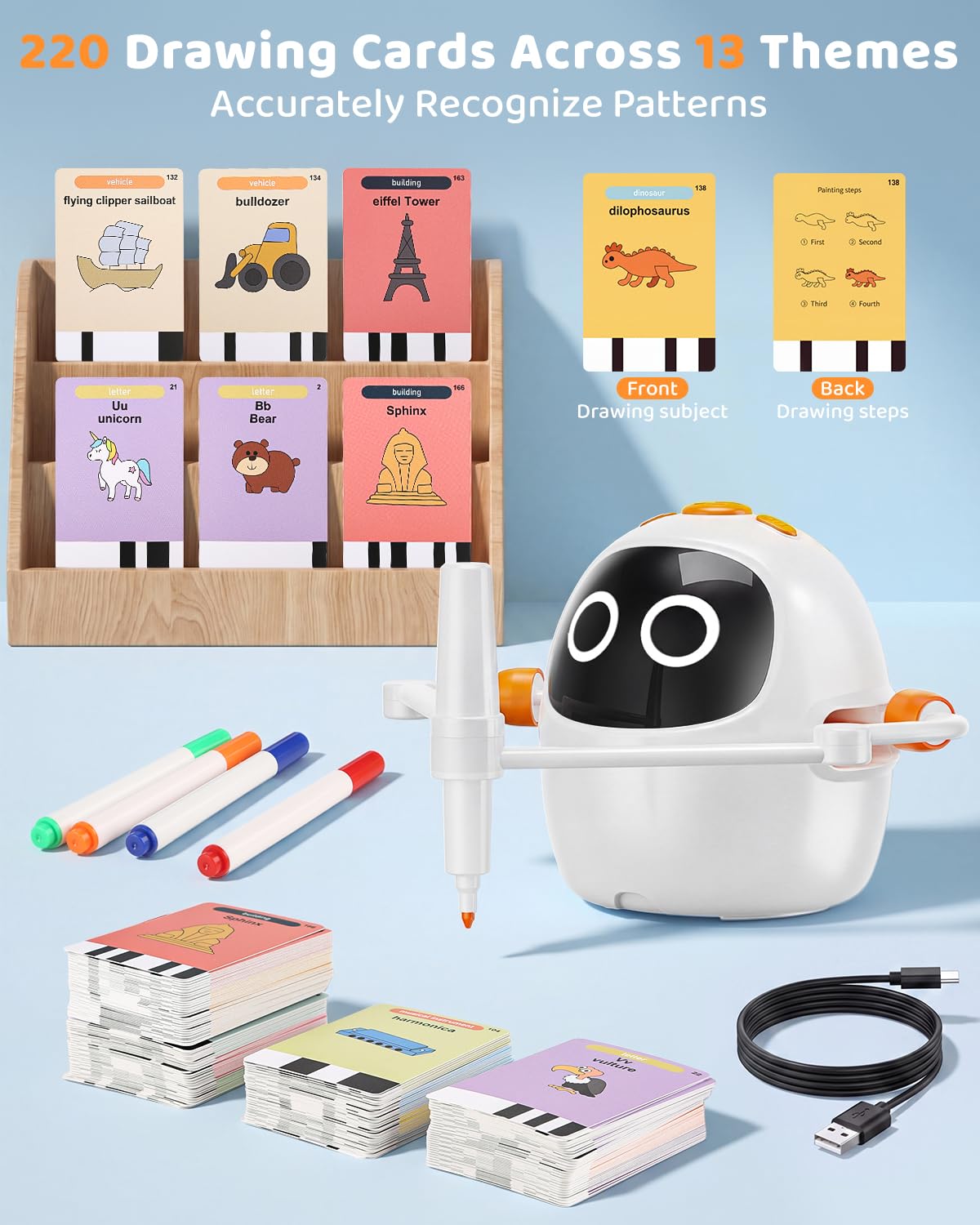Drawing Robot for Kids Ages 3-8, Rechargeable Interactive Educational Drawing Machine with 200+ Cards & 12 Pens, Montessori Painting Learning Toy, Birthday for Boys & Girls