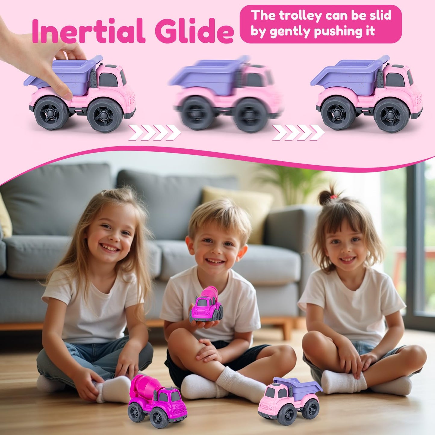Aigitoy Dump Truck Toys for 3 Year Old Boys, BPA Free, Phthalates Free, PVC, Dump Truck, Mixer Cement, Easter Christmas Birthday Gifts for 2 3 4 Year Boy Girl. Dishwasher Safe,Recycled Plastic (Pink)