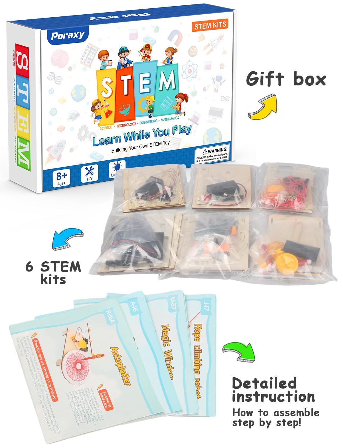 Poraxy 6 in 1 STEM Toys for Kids Ages 8-12, STEM Kits, 3D Wooden Puzzles, Educational Science Projects Building Model Kits, Birthday Gifts for Boys and Girls Ages 7 8 9 10 11 12 13 Years Old