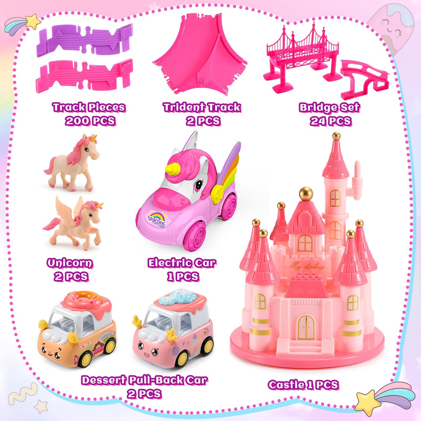 Aetyni Unicorn Toys Car Track for Kids Girls 4-6: 232 PCS Unicorn Monster Truck Race Track with 2 Pull Back Cars Toys for 3 4 5 6 7 Year Old Girl Toddler Christmas Birthday Gifts for Girl 3-5 6-8