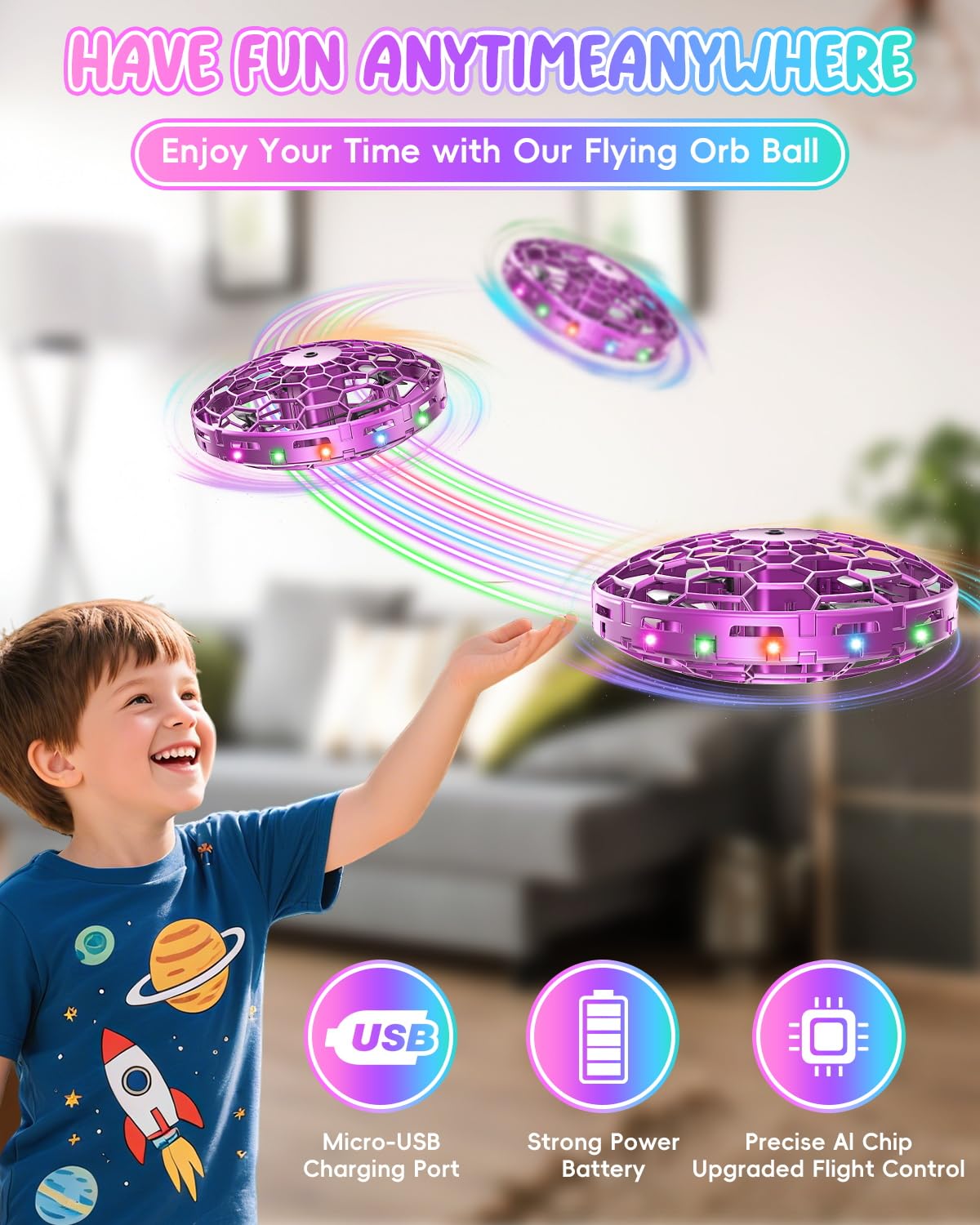 PYMSRTY Flying Toy Drone for Kids，360° Hands Free Motion Sensors Mini Drone with Cool LED Lights,Easy Indoor Small UFO Toy Flying Ball Drone for Kids -Pink