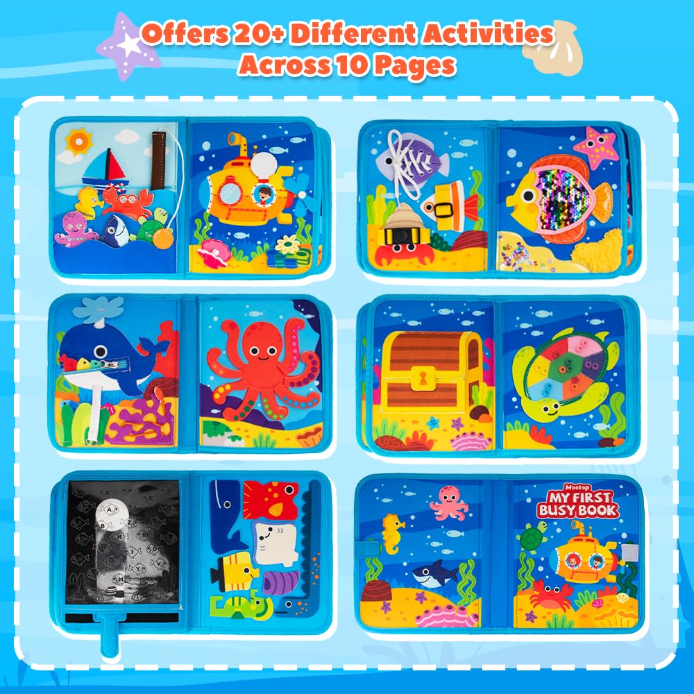 Mootop Busy Book for Toddlers, Busy Board Felt Quiet Book for Baby Sensory Board Learning Activities Travel Toys for Fine Motor Skills, Quiet Book with Life Skills, Cognition, Sorting, Matching