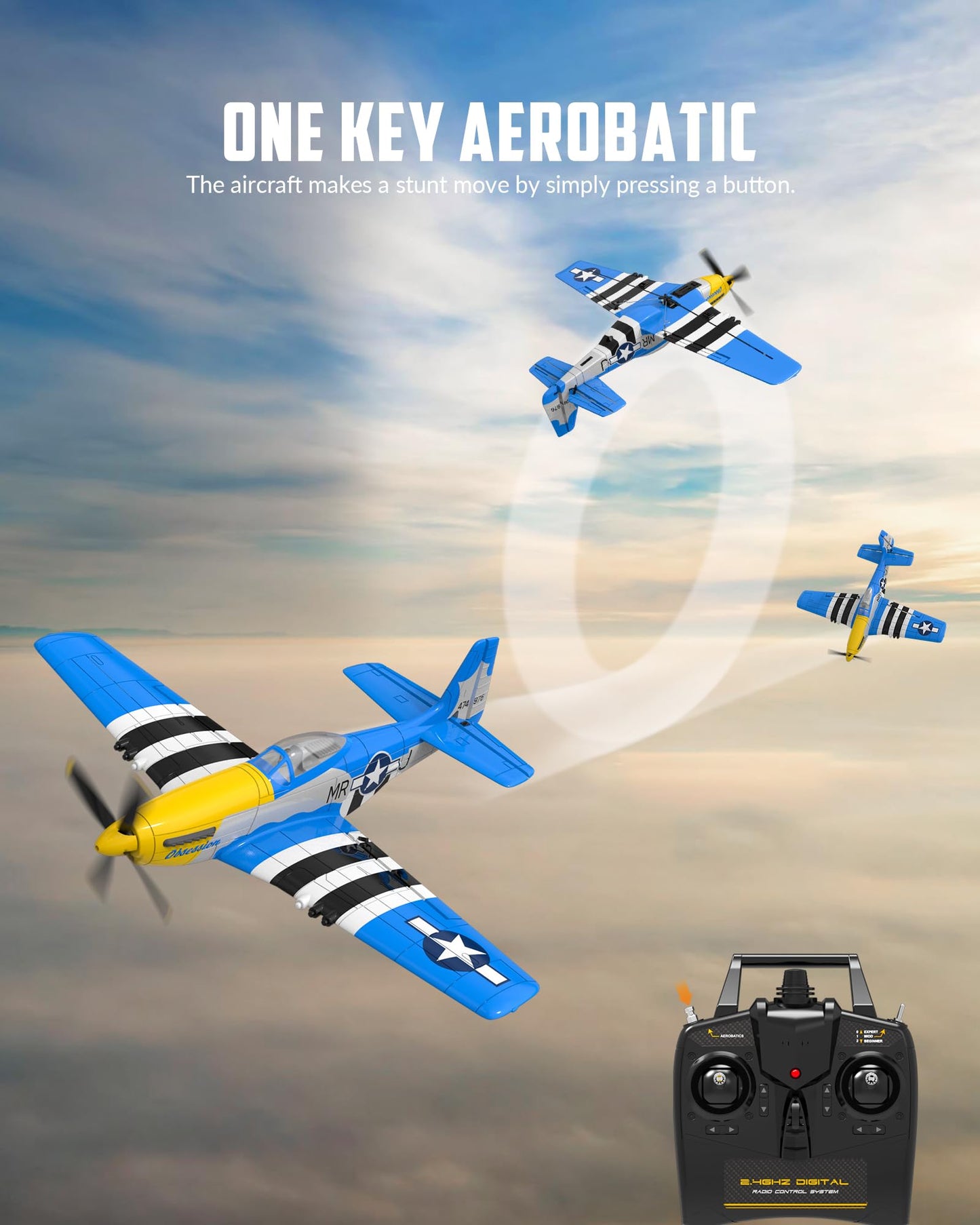 VOLANTEXRC RC Plane 4 Channel P51D Mustang Remote Control Airplane Fighter RTF with 6-Axis Gyro, 3 Modes Easy to Fly, 2.4GHz Radio Controlled Aircraft for Beginners & Adults (Blue)