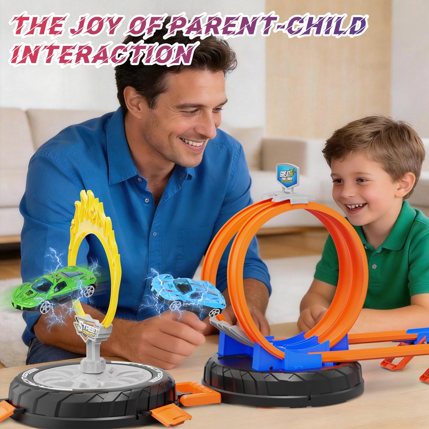Toy Car Race Track Set for Kids Ages 4-8, Stunt Tire-Shaped Case Transforms into Race Course, 6 Cars in 1:64 Scale, 2 Ways to Play, Action Loop Cyclone Challenge & Speed Snap Track