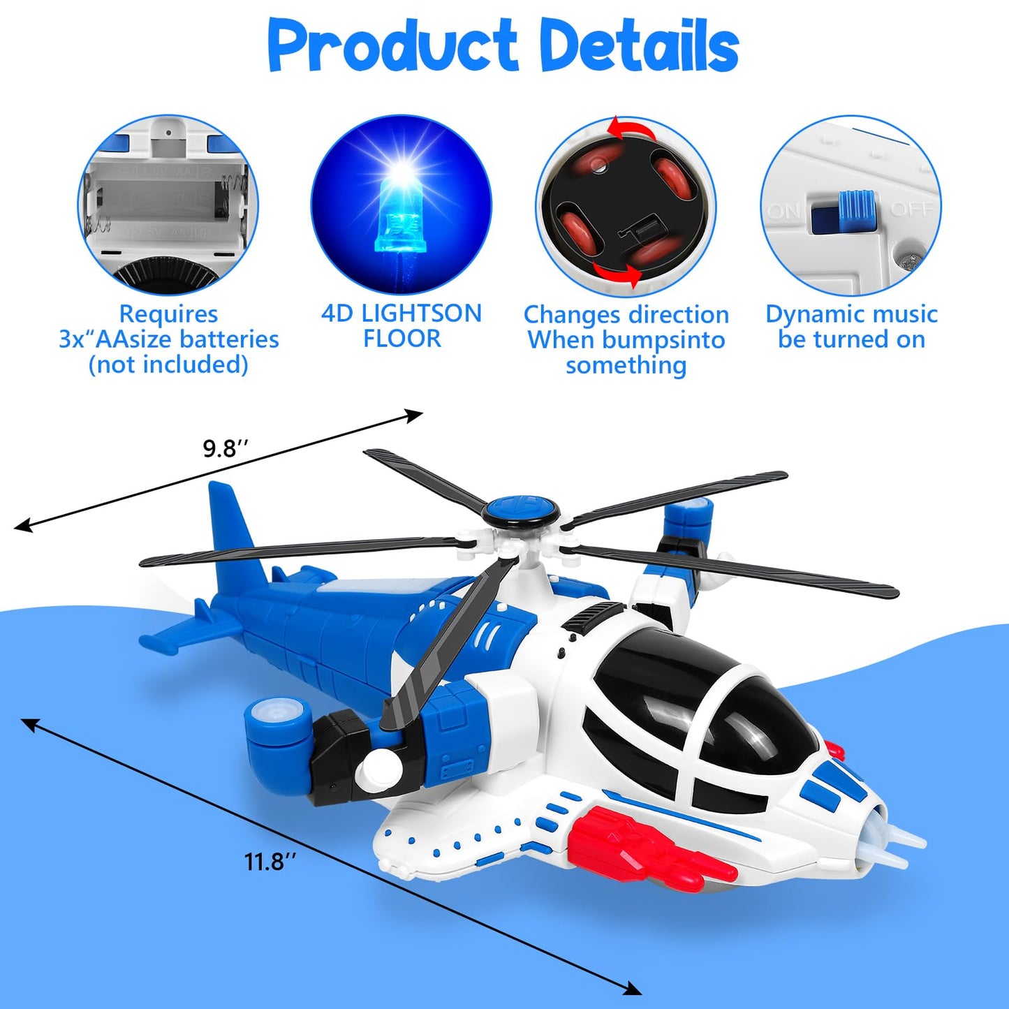 Helicopter Toy for Toddlers With Lights And Sounds, 360°Freedom And Operated Automatic Bump Autism Sensory Light Up Toys Airplane for Toddler Boy Toys 3 4 5 Year Old Up Boy Girl Birthday (Blue)