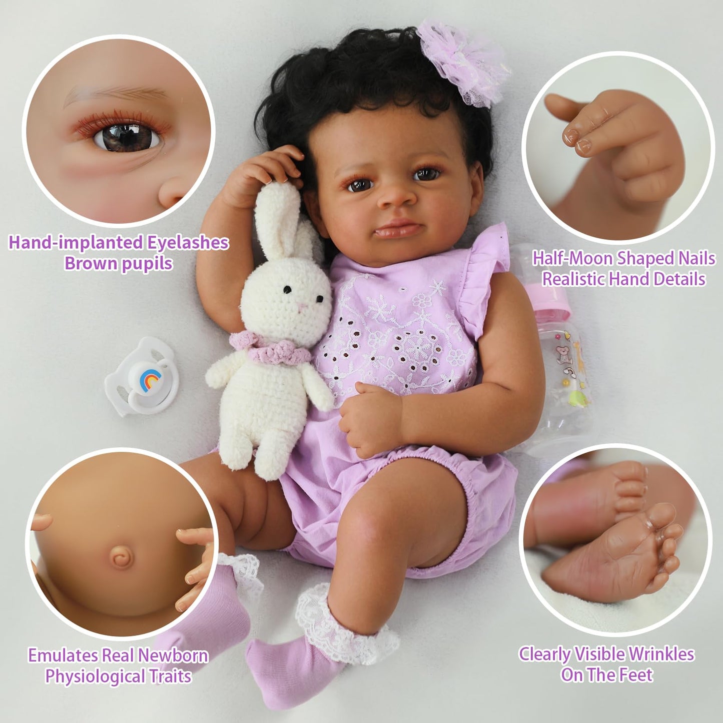 SCOM Lifelike Reborn Baby Dolls-20 Inch Realistic Newborn Baby Girl with Full Soft Vinyl Body, African American Doll Silicone Girl with Complete Accessories, Best Gift for Kids Age 3+ Pretend Play