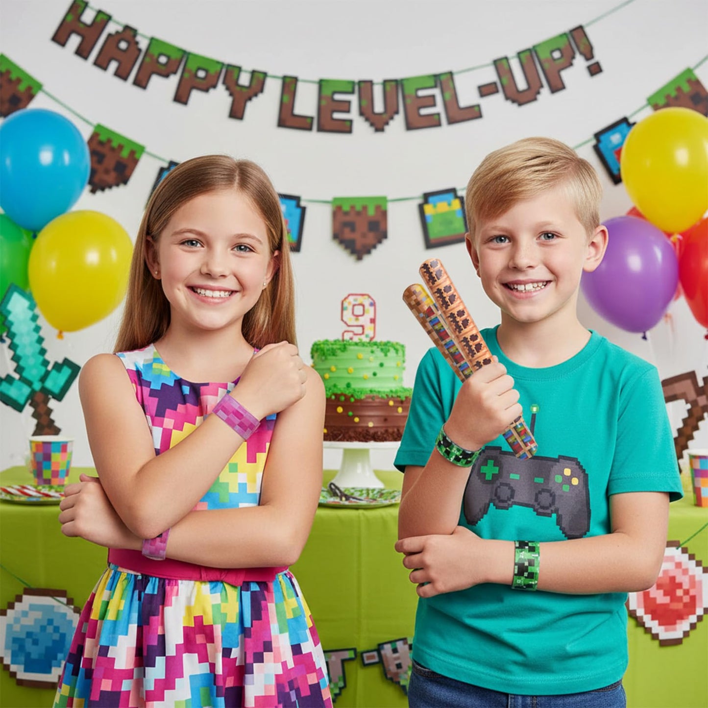 Lottmopi 24 Pcs Pixel Party Favor - Pixel Slap bracelets, Birthday Decorations Party Supplies, Exchanging Gifts Classroom Prizes, Game Theme Decorations (12 Styles)