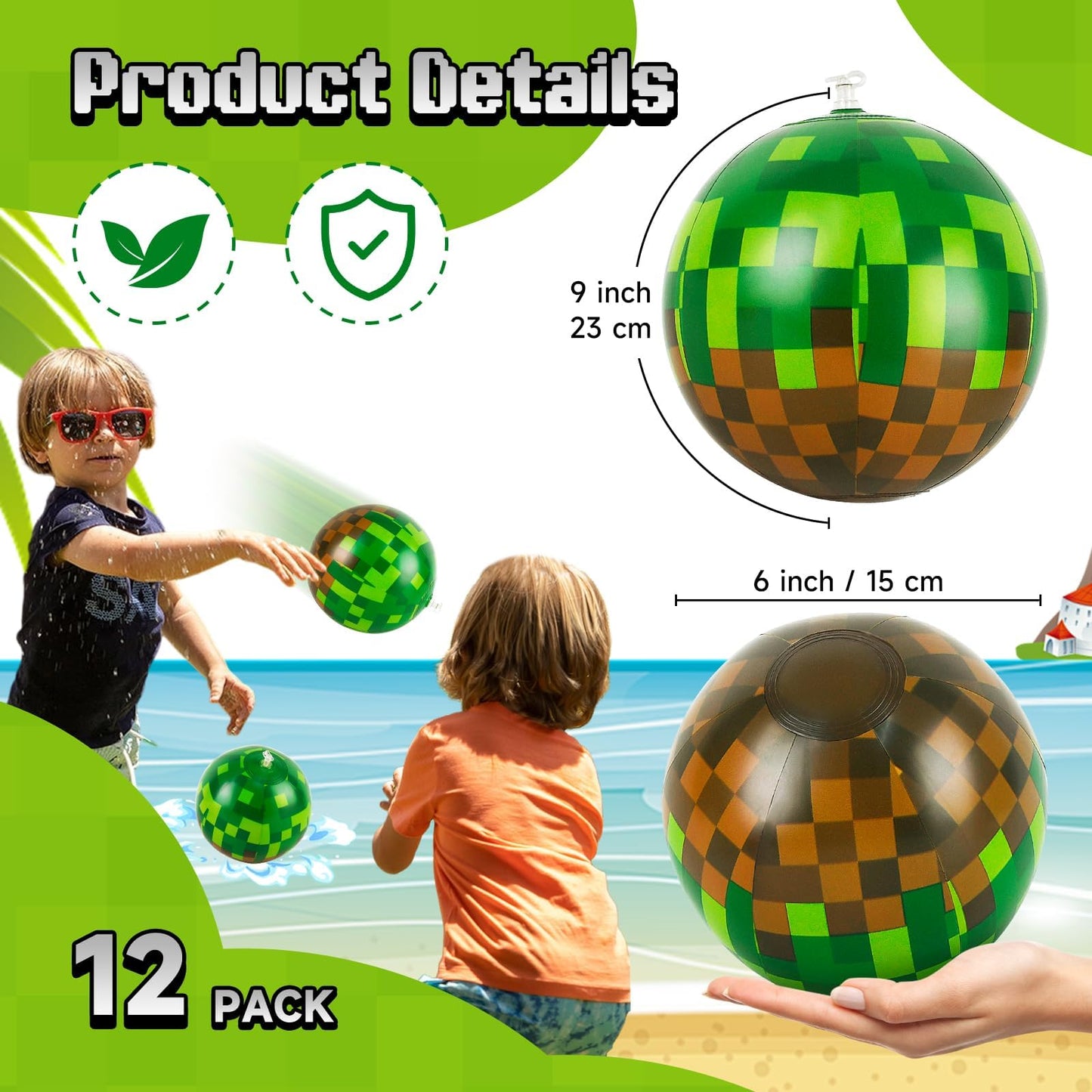 ZSMKJIAYE 24 Pack Pixel Themed Beach Balls - 6 Inches Green and Brown Inflatable Floating Balls for Birthday Party Decorations, Summer Pool and Beach Game, and Bulk Birthday Party Favors