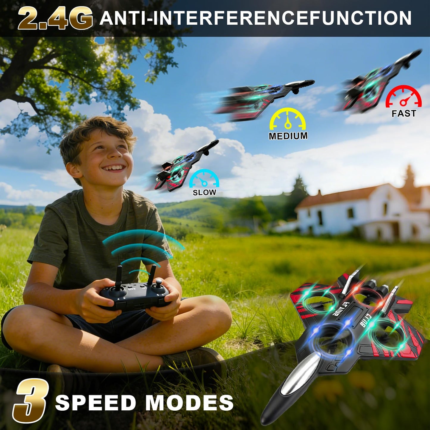 Foam RC Airplane for Kids & Adults, Easy to Fly Remote Control Fighter Jet with LED Lights, 360° Flip Stunt RC Plane, Durable EPP Foam, 2 Batteries, Outdoor Airplane Toy Gift for Boys Ages 8-16