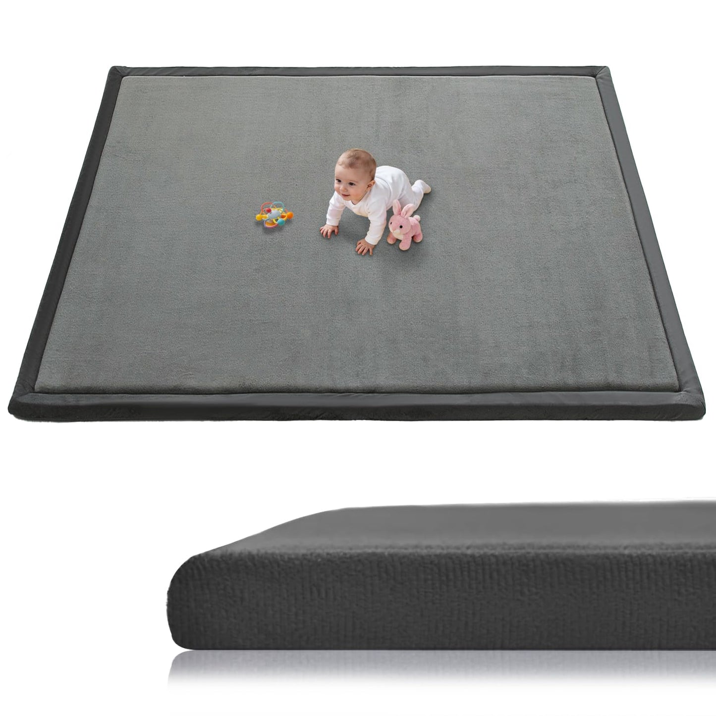 TreeBud Baby Play Mat for Floor, 1.3 Inch Thick Memory Foam Tummy Time Mat with Non Slip Backing, Soft Coral Velvet 59X79 Inch Playpen Mat Crawling Tatami for Infants Toddlers Kids, Dark Gray