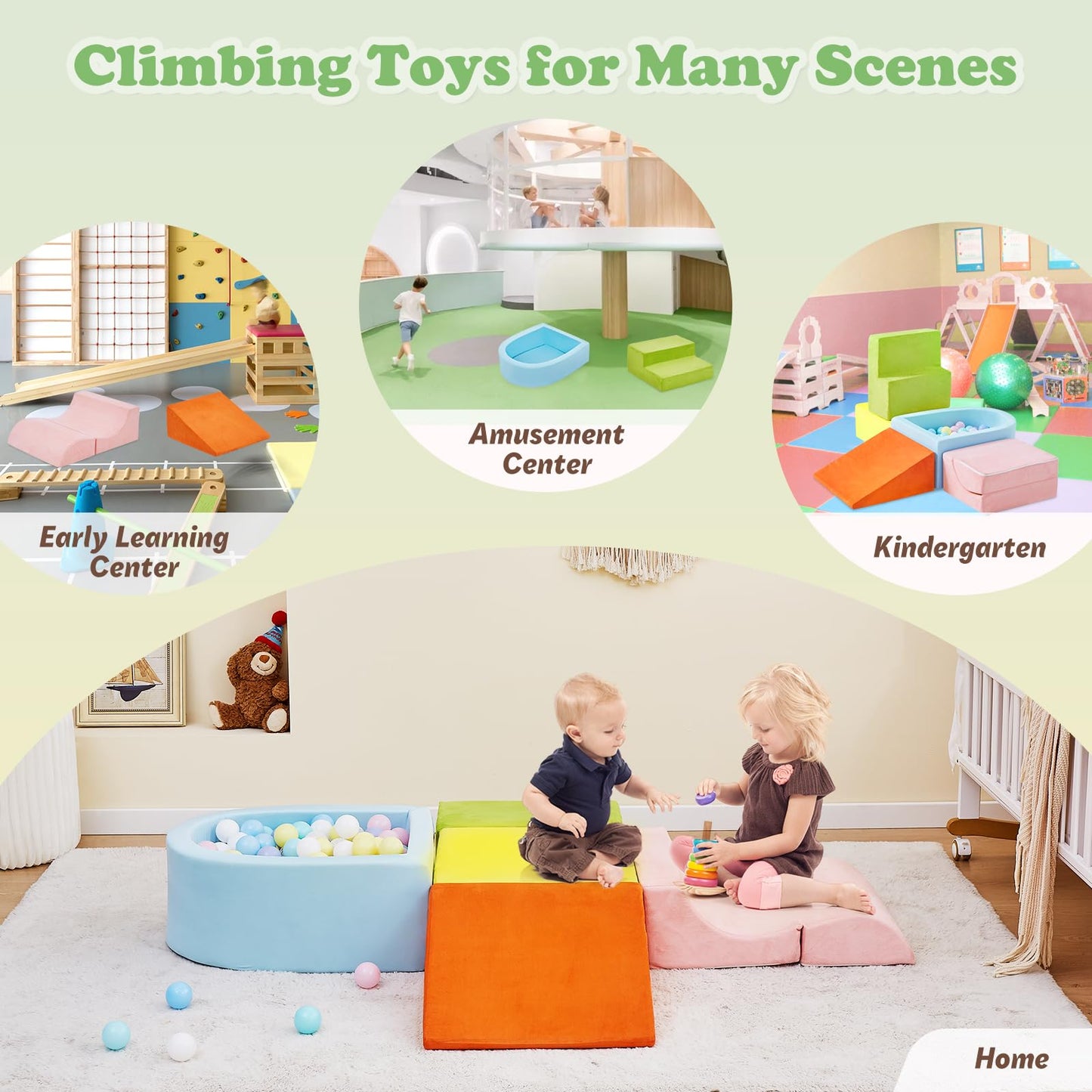 5-Piece Climbing Toys for Toddlers 1-3 , Baby Foam Blocks,Toddler Climbing Toys Indoor with Foam Ball Pit (Balls not Included), Soft Foam Climbing Blocks Set Indoor Play Gym for Crawling and Sliding