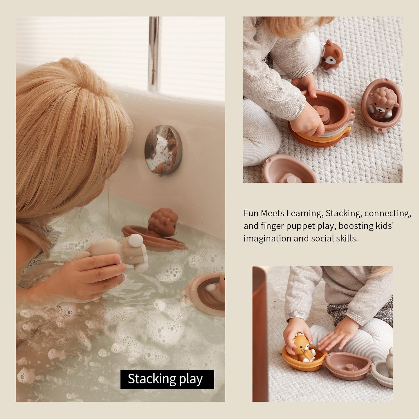 Nueplay Bathtub Toys for Toddlers 18M+，Baby Bath Toys with Animal Finger Puppets， Stackable Boat Train ，Gift for Baby & Toddlers Set of 12