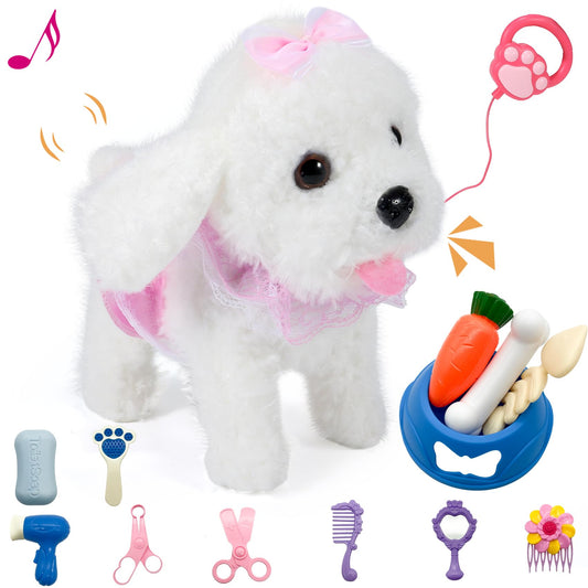 GOBRILLFUN Remote Control Robot Dog, Electronic Plush Puppy Dog Toy, Interactive Toys, Walks, Barks, Shake Tail, Stuffed Animal Gift for Girl and Boy Age 3-6 Year Old (White)