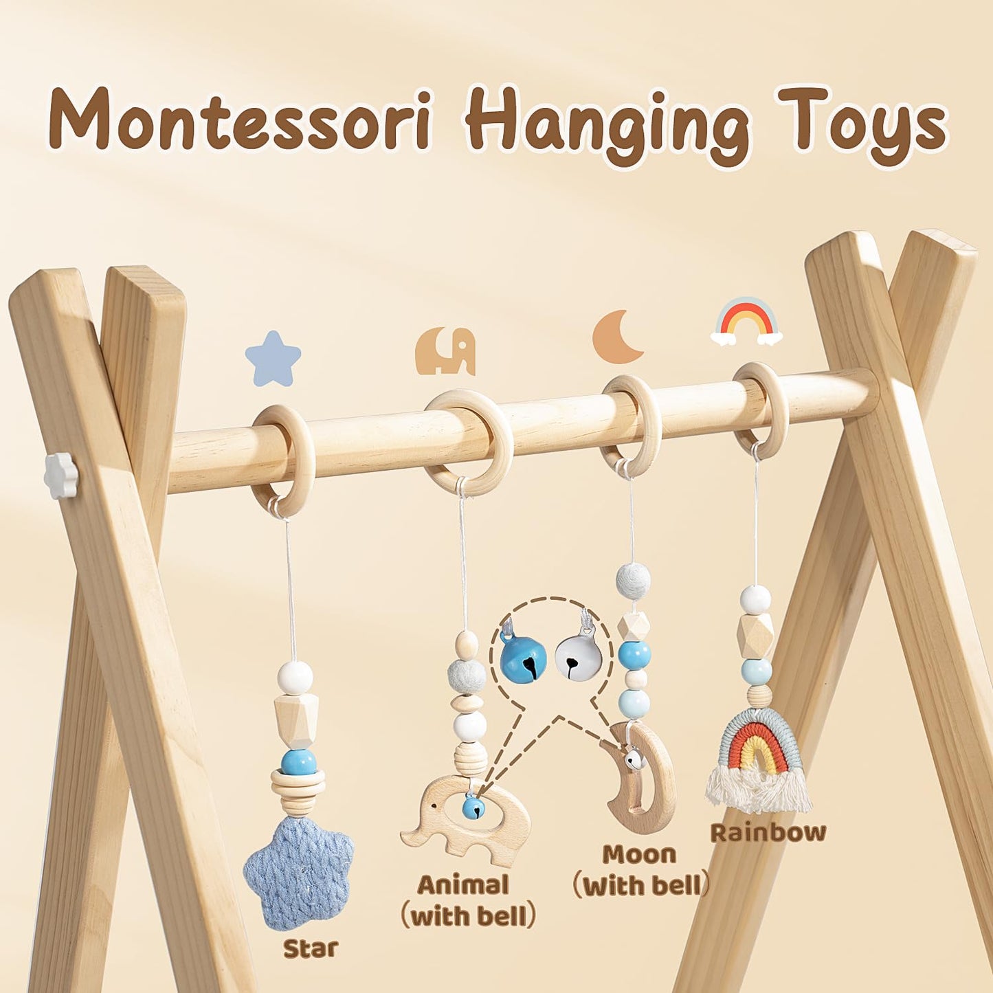 Wooden Baby Play Gym with Activity Mat, Foldable Baby Gym Frame with Hanging Sensory Toys for Newborn, Tummy Time Playground