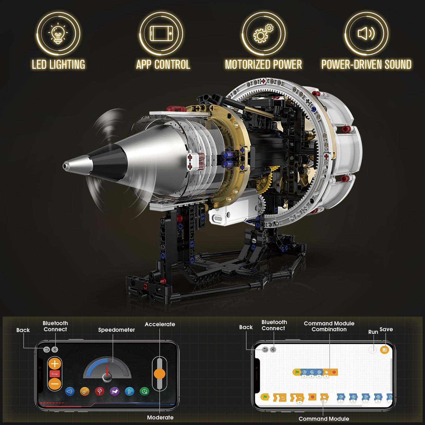 HIGH GODO Jet Engine Building Set, Mini Engine Model Kit that Runs, Visible Aircraft Turbofan Engine Kit with Motor, Lights, & App Control, STEM Toys Gifts for Adults, Teens Age 14+ (564 PCS)