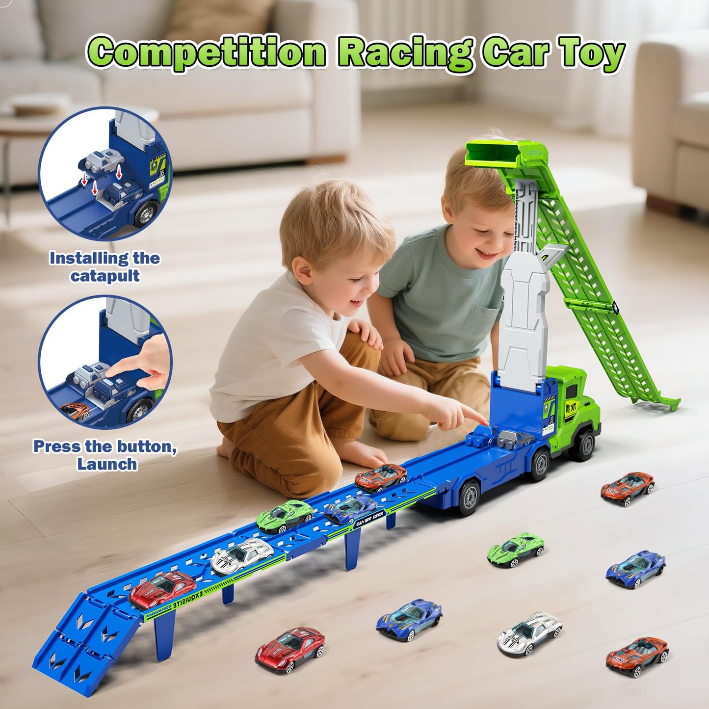 Kids Toys for 3 4 5 6 7 8 Years Old Boys, 3 in 1 Carrier Truck Transport Car Toys, Foldable 2 Track Truck Playset with 25-in Race Track, 6 Metal Toy Cars, Birthday Toy Gift for Toddler Boys Girls