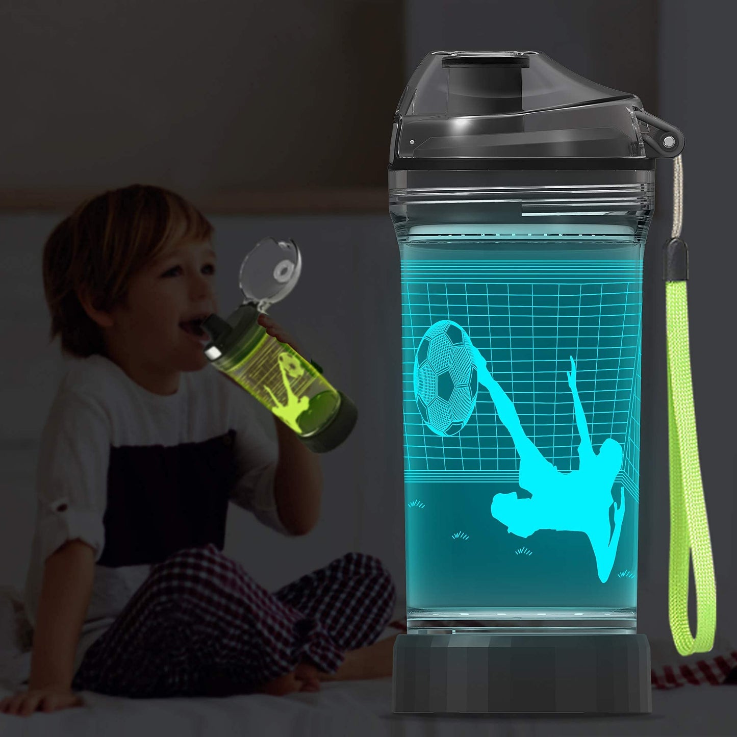 YuanDian Soccer Gifts, Light Up Kids Water Bottle with 3D Soccer Illusion Lamp- 14 OZ Tritan BPA Free - Cool Drinking Cups Gift for School Kids Boy Child Sport Lovers