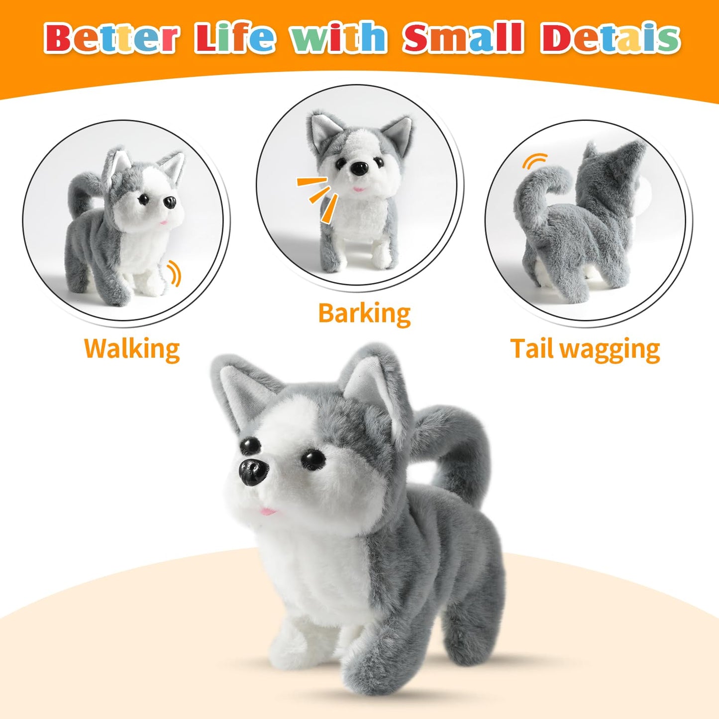 KSABVAIA Plush Husky Toy Puppy Electronic Interactive Dog - Walking, Barking, Tail Wagging, Stretching Companion Animal for Kids Toddlers