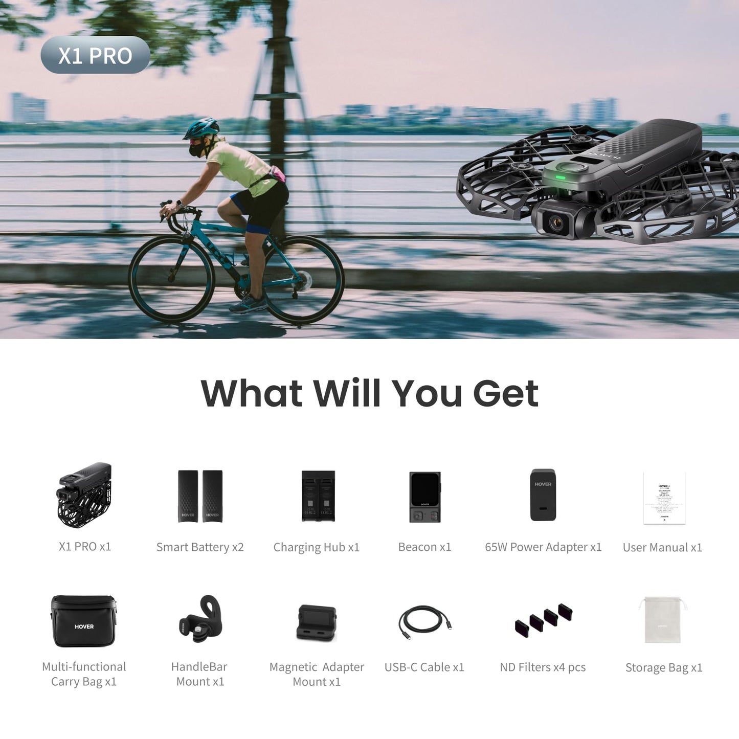 HOVERAir X1 PRO 4K Drone with Camera, Foldable Action Flying Camera with 42 KM/H Follow Speed, 15+ Fully Automatic Flight Modes, Fly Anywhere with OmniTerrain, SmoothCapture 2.0(Cycling Combo)