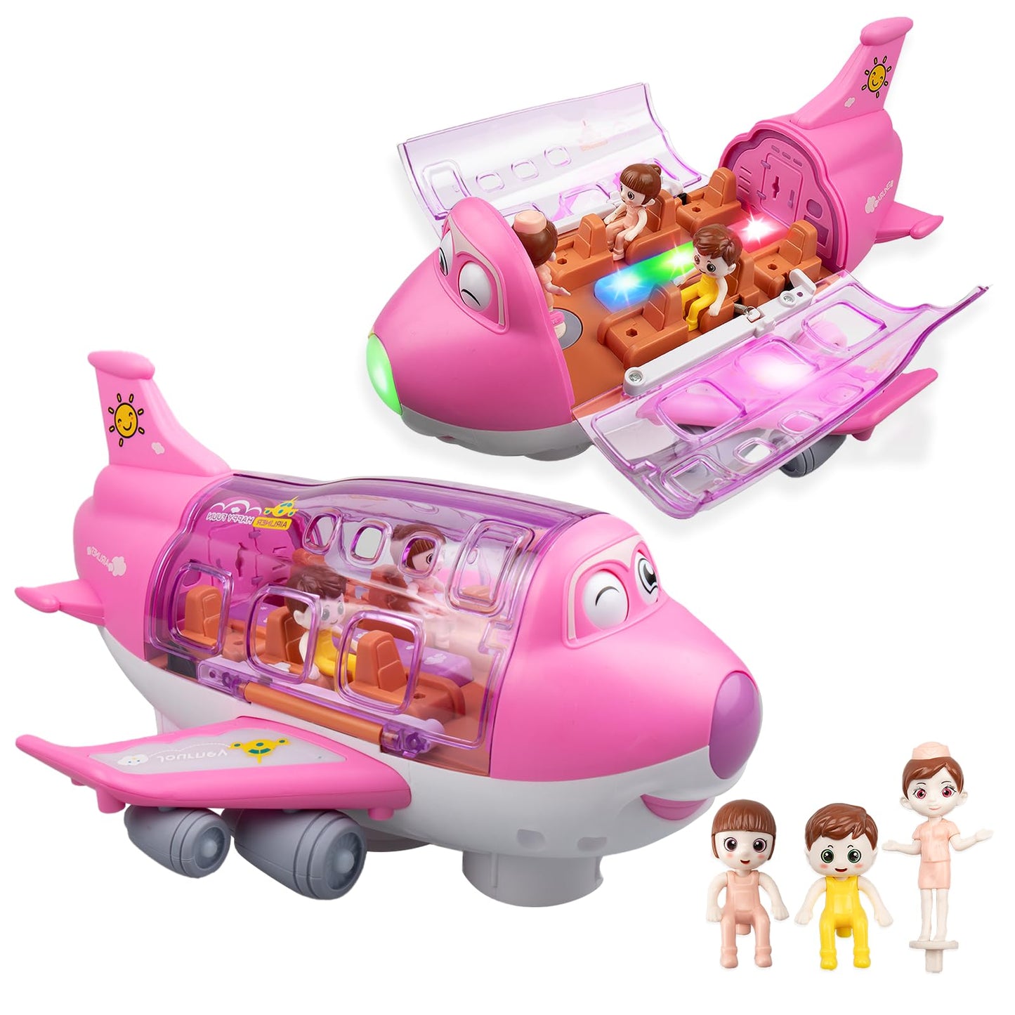victob Pink Airplane for Toddler 1-3-5, Bump and Go Action Toy Airplane with LED Flashing Lights & Sounds, Birthday Gifts for Boys Girls Ages 4-8 Year Olds (Pink)