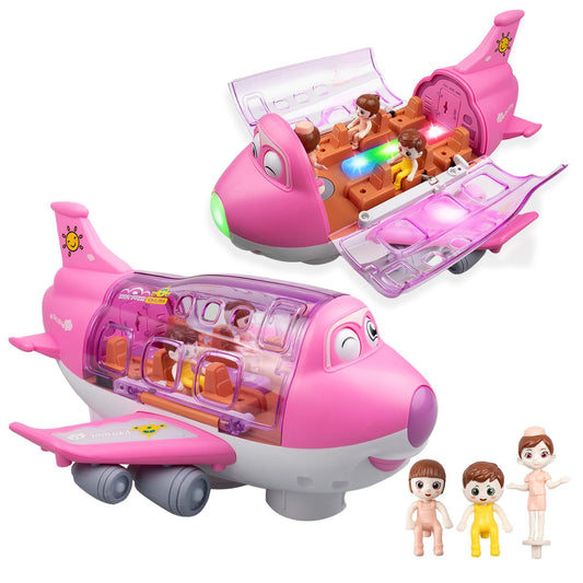 victob Pink Airplane for Toddler 1-3-5, Bump and Go Action Toy Airplane with LED Flashing Lights & Sounds, Birthday Gifts for Boys Girls Ages 4-8 Year Olds (Pink)